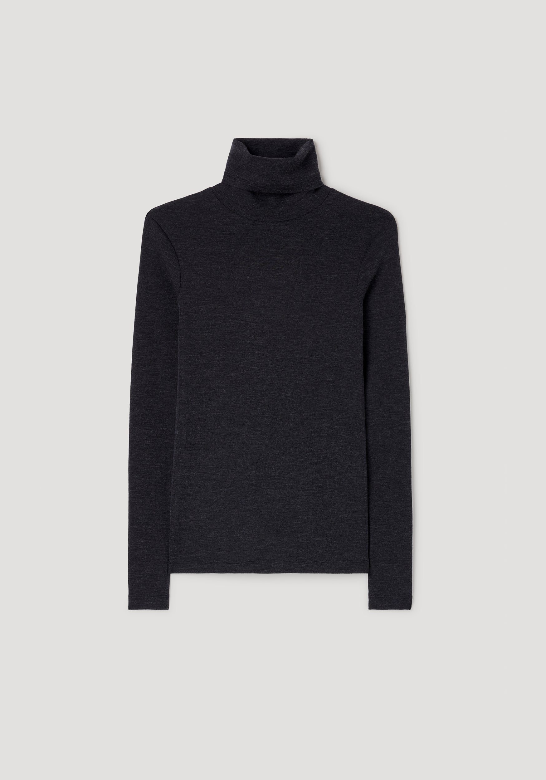 Fine merino turtleneck | anthracite melange in a dark grey shade, featuring a soft, lightweight knit with a classic high collar and long sleeves for a sleek, minimalist look.