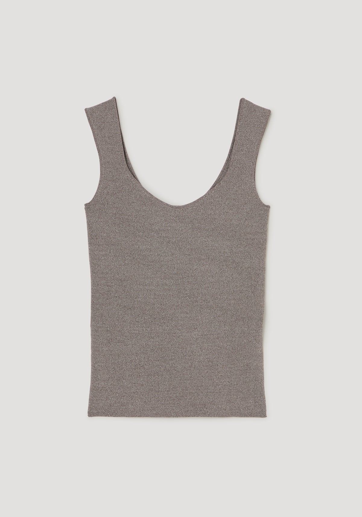 Long knitted bustier top | taupe melange, shown flat with wide shoulder straps, a rounded scoop neckline, and a fitted sleeveless silhouette in soft taupe knit fabric