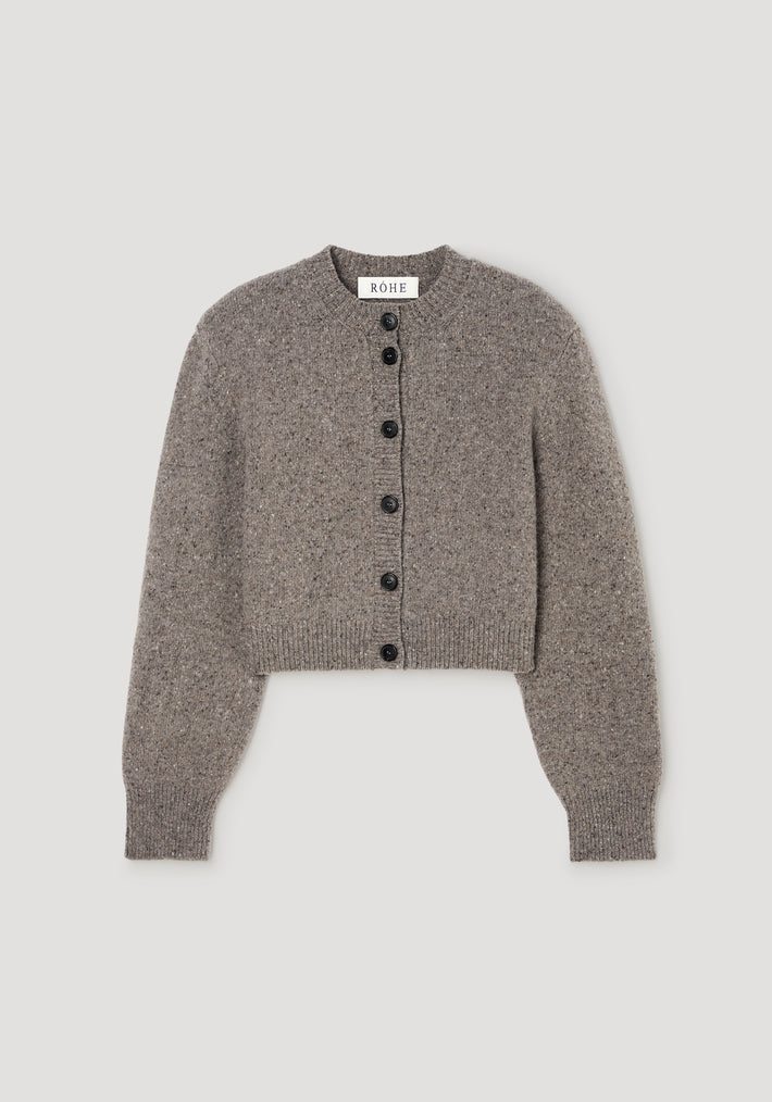 Statement mouliné cardigan | dark taupe melange with long sleeves, crew neckline, and black buttons down the front, featuring a textured knit fabric and ribbed cuffs and hem.