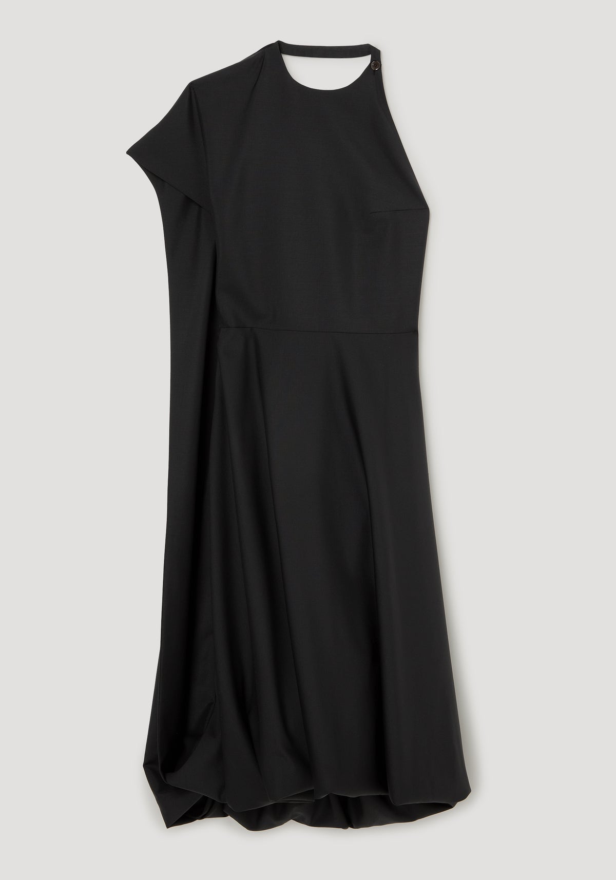 Twisted cape dress | black, a long black dress with an asymmetric cape overlay, high neckline, fitted waist, and flowing skirt displayed against a light background