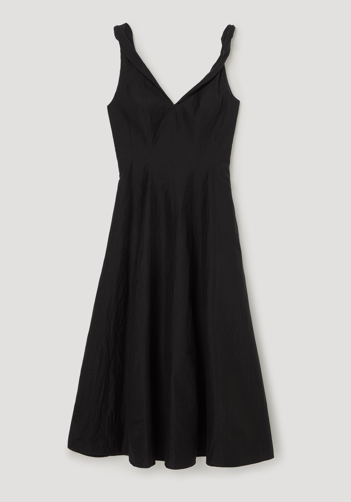 Twisted shoulder dress | black, a sleeveless black dress with thin twisted straps, fitted bodice, gathered waist, and flowing ankle length skirt on a gray background