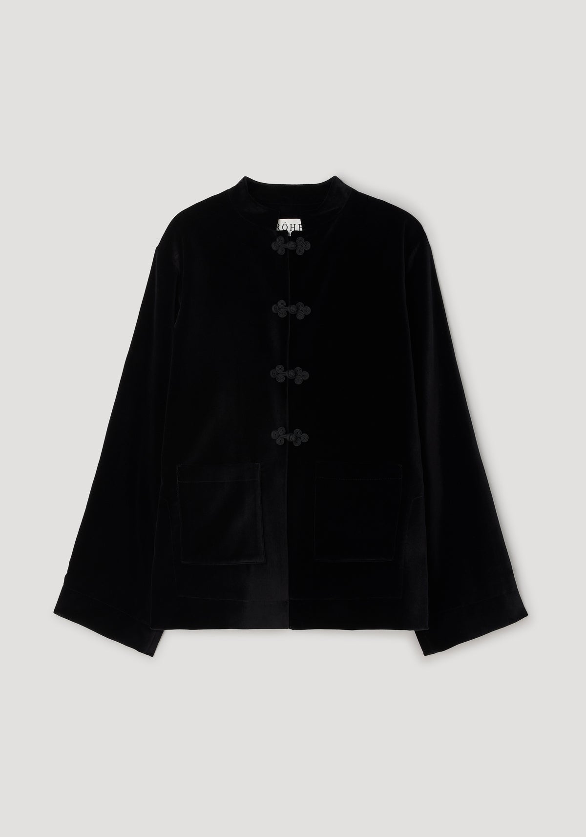 Pankou closure velvet jacket | black displayed flat, featuring a smooth velvet texture, traditional pankou button closures, long sleeves, a collarless neckline, and two front pockets on a neutral background.