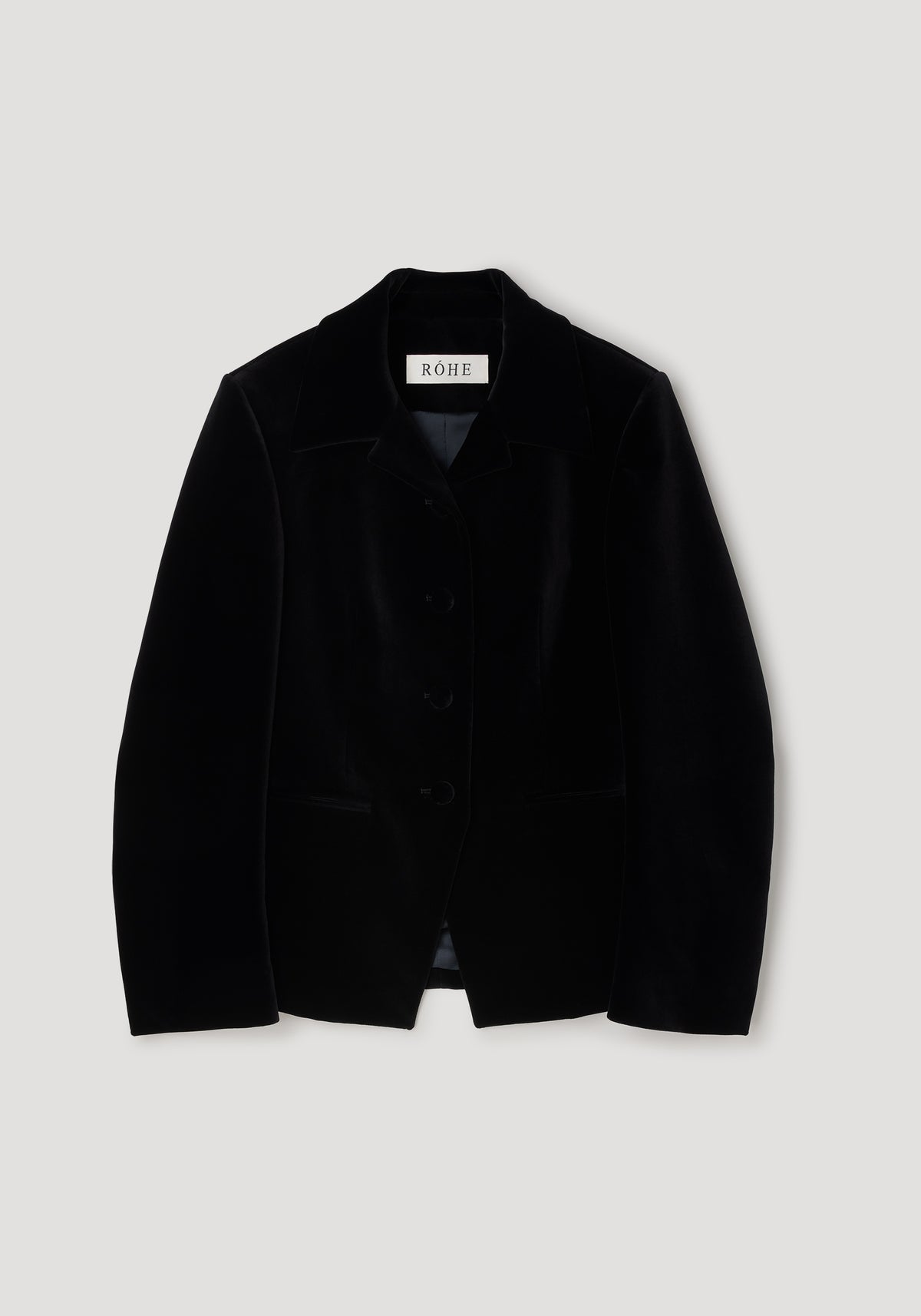 Classic fitted velvet blazer | black displayed on a light background, featuring a tailored silhouette with a notch collar and button closure.