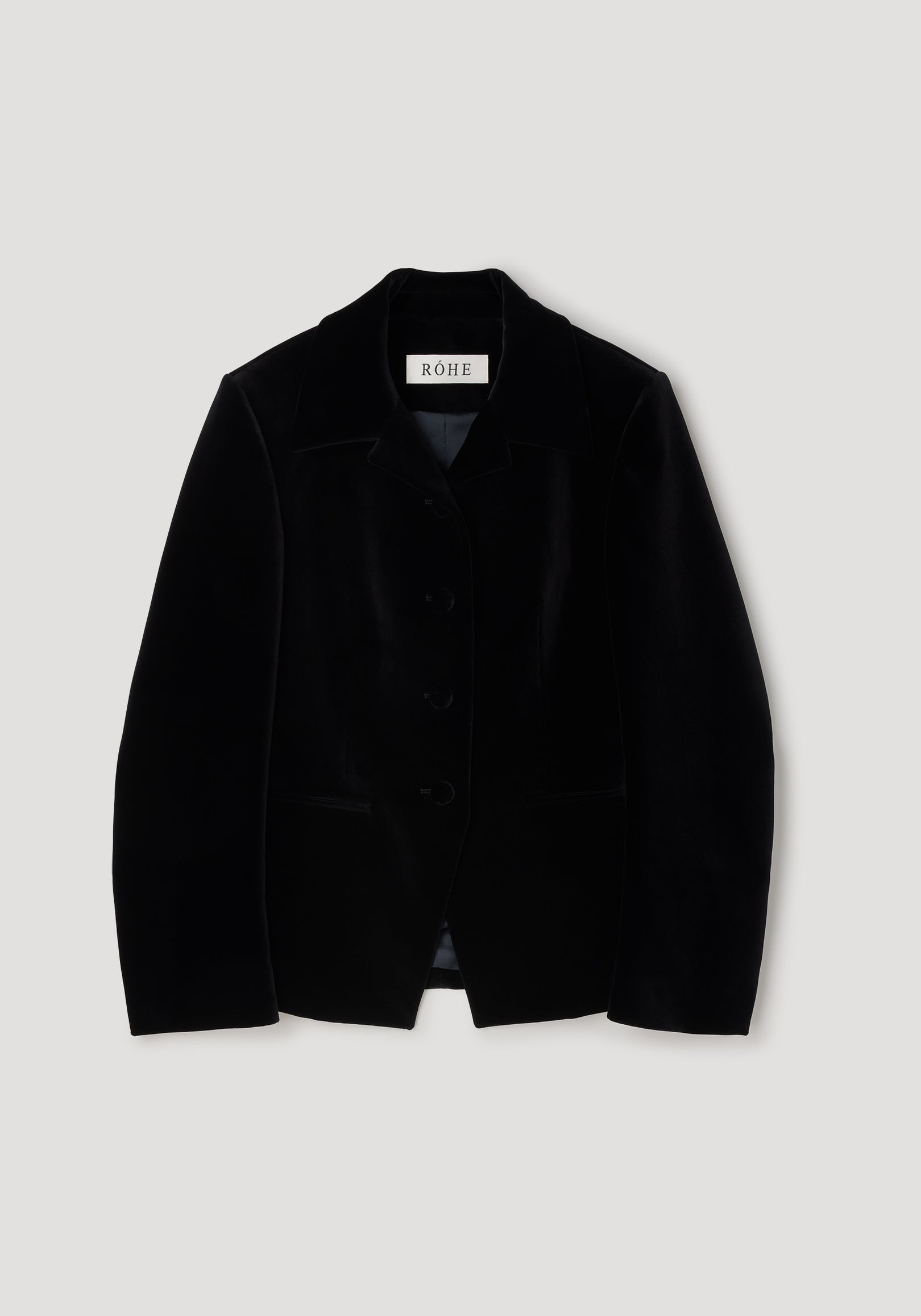 Classic fitted velvet blazer | black displayed on a light background, featuring a tailored silhouette with a notch collar and button closure.