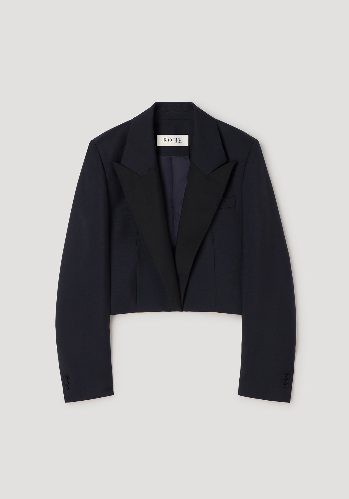 Cropped blazer | navy with a tailored fit, long sleeves, and a lapel collar, designed for a stylish and modern silhouette.