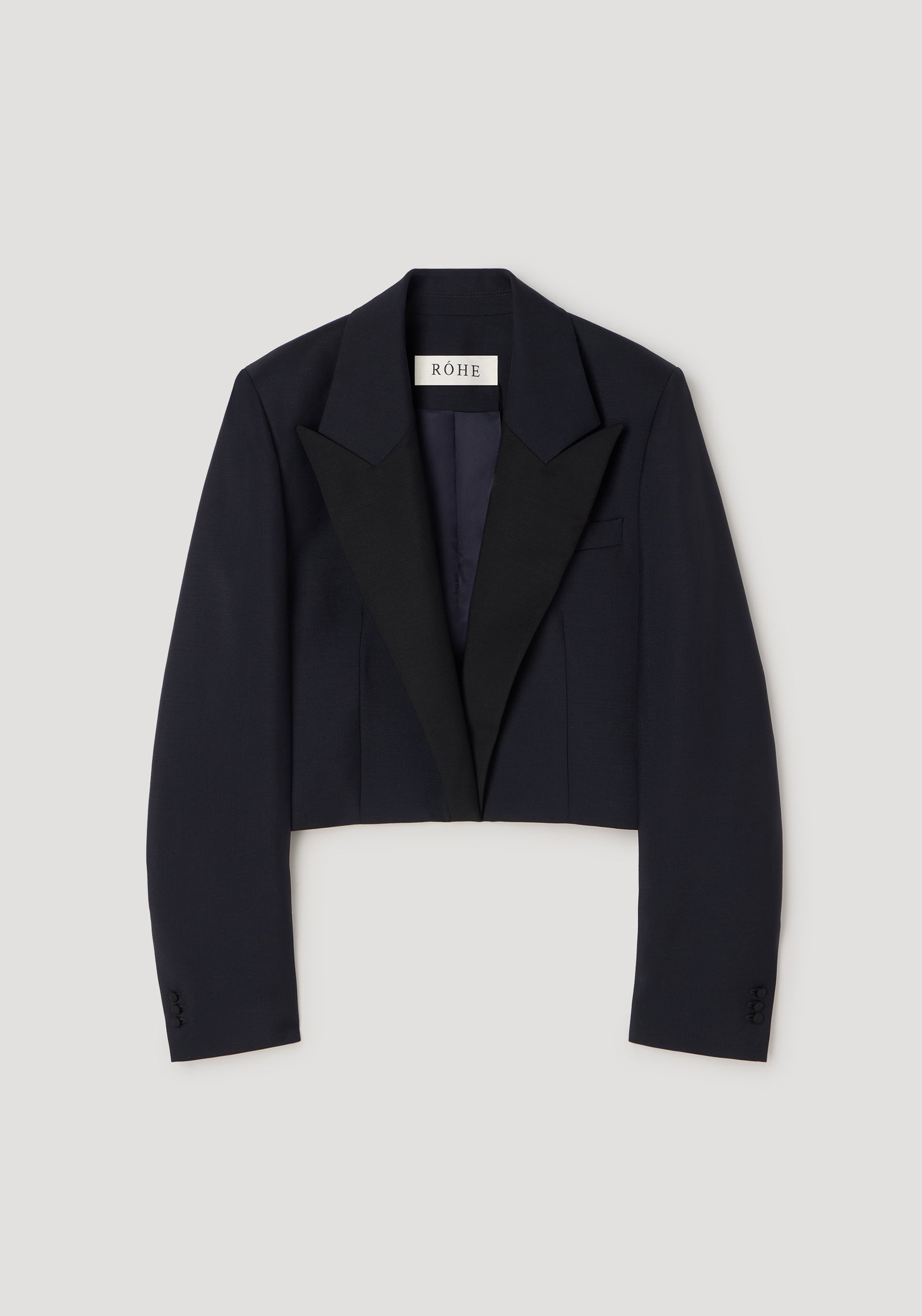 Cropped blazer | navy with a tailored fit, long sleeves, and a lapel collar, designed for a stylish and modern silhouette.