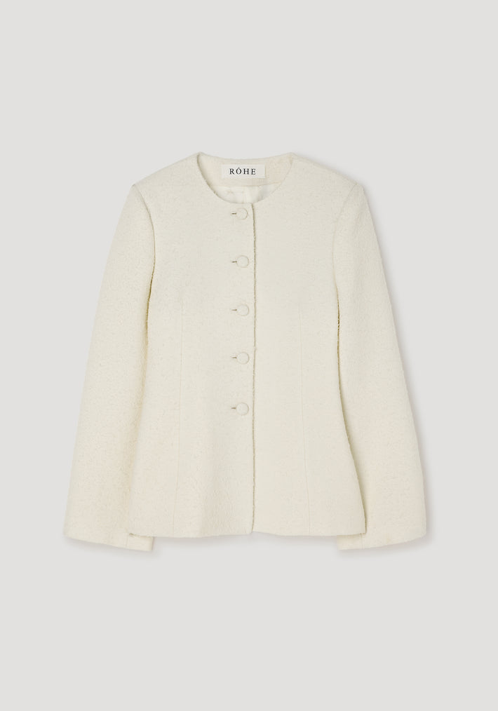 Bouclé shaped blazer | cream with a round neckline, long sleeves, and front buttons, made from textured fabric for a sophisticated and elegant look.