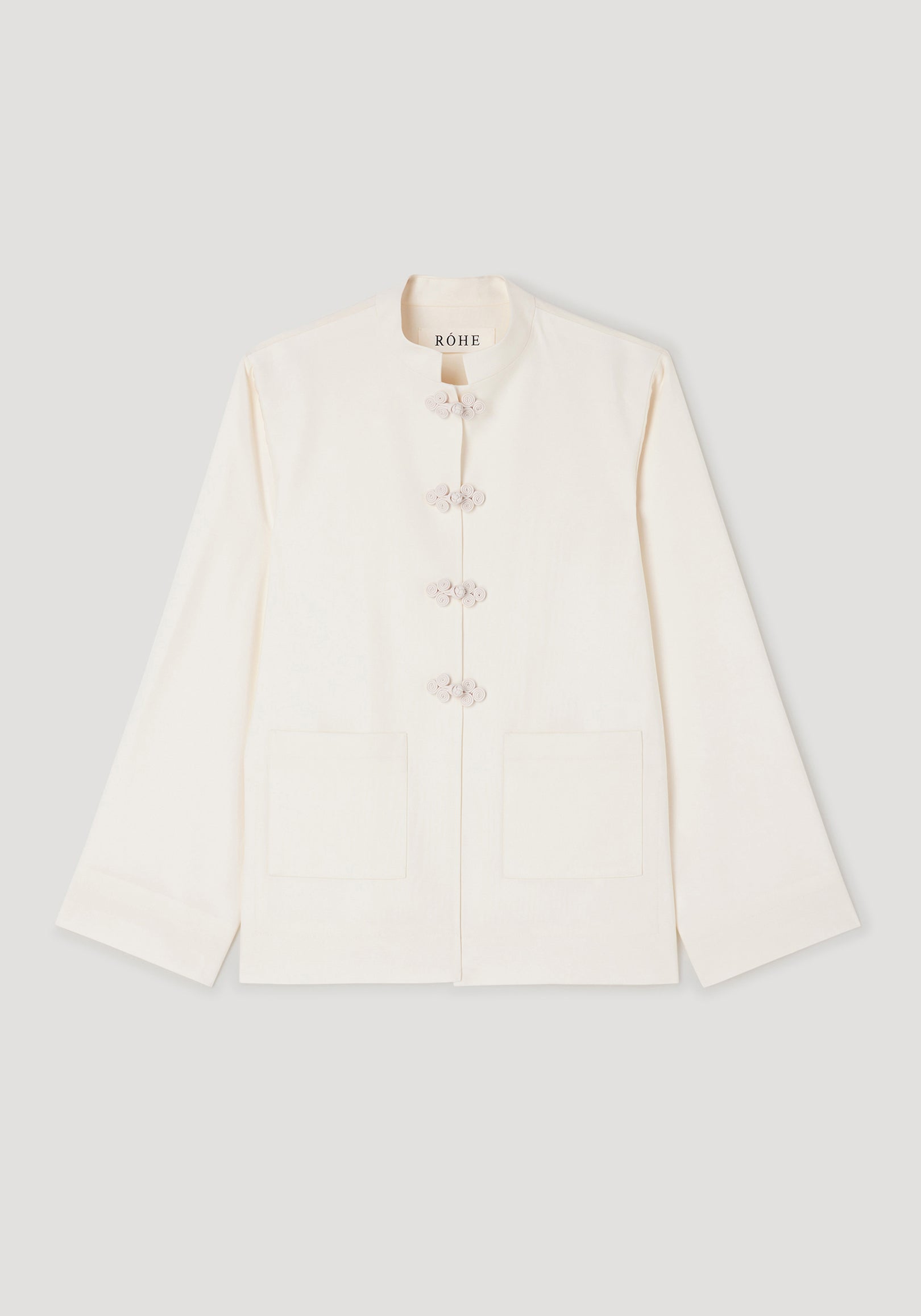Pankou closure jacket | off white with traditional Chinese knot buttons, long sleeves, two front pockets, and a straight collar in a minimalist design.