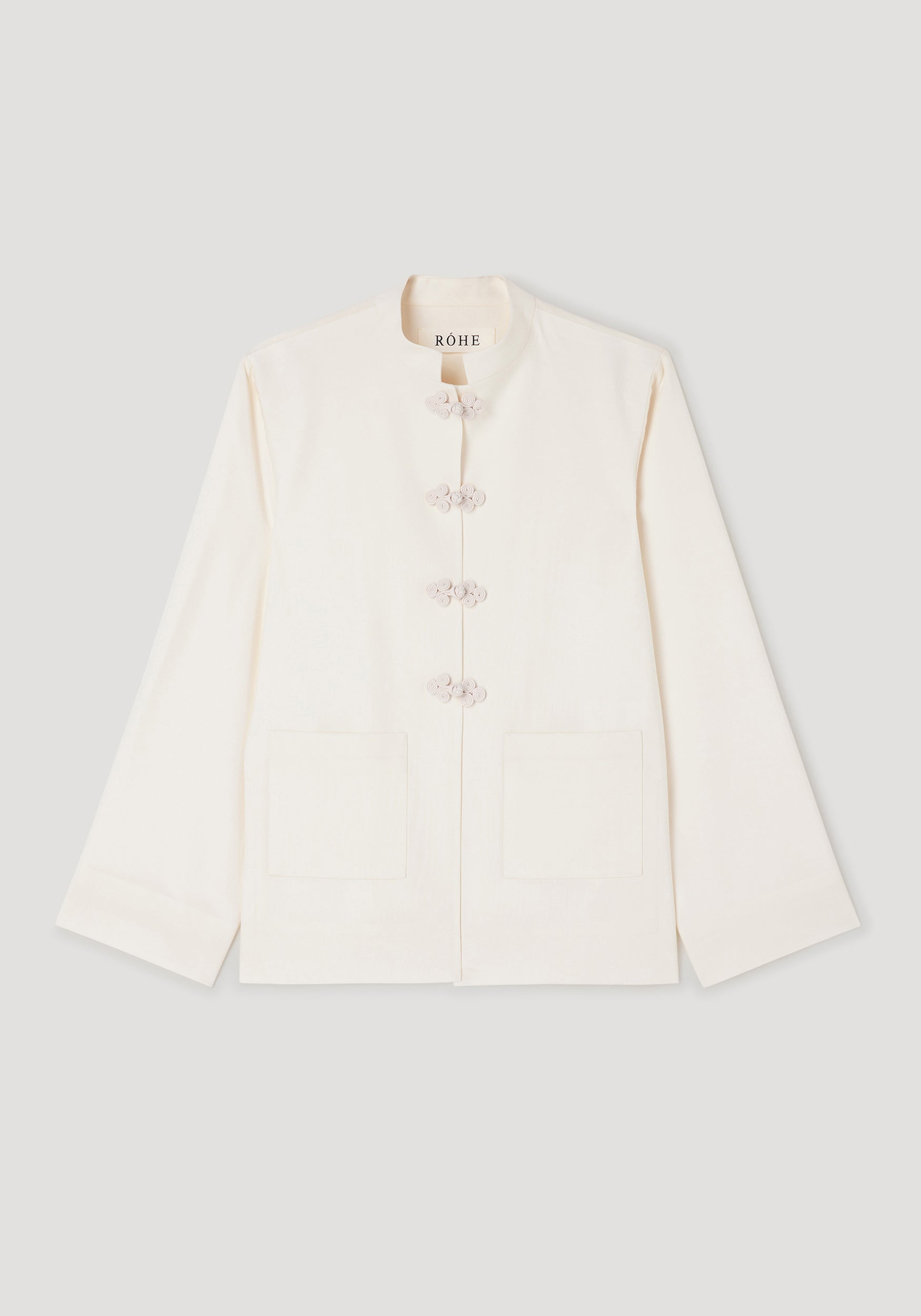 Pankou closure jacket | off white with traditional Chinese knot buttons, long sleeves, two front pockets, and a straight collar in a minimalist design.