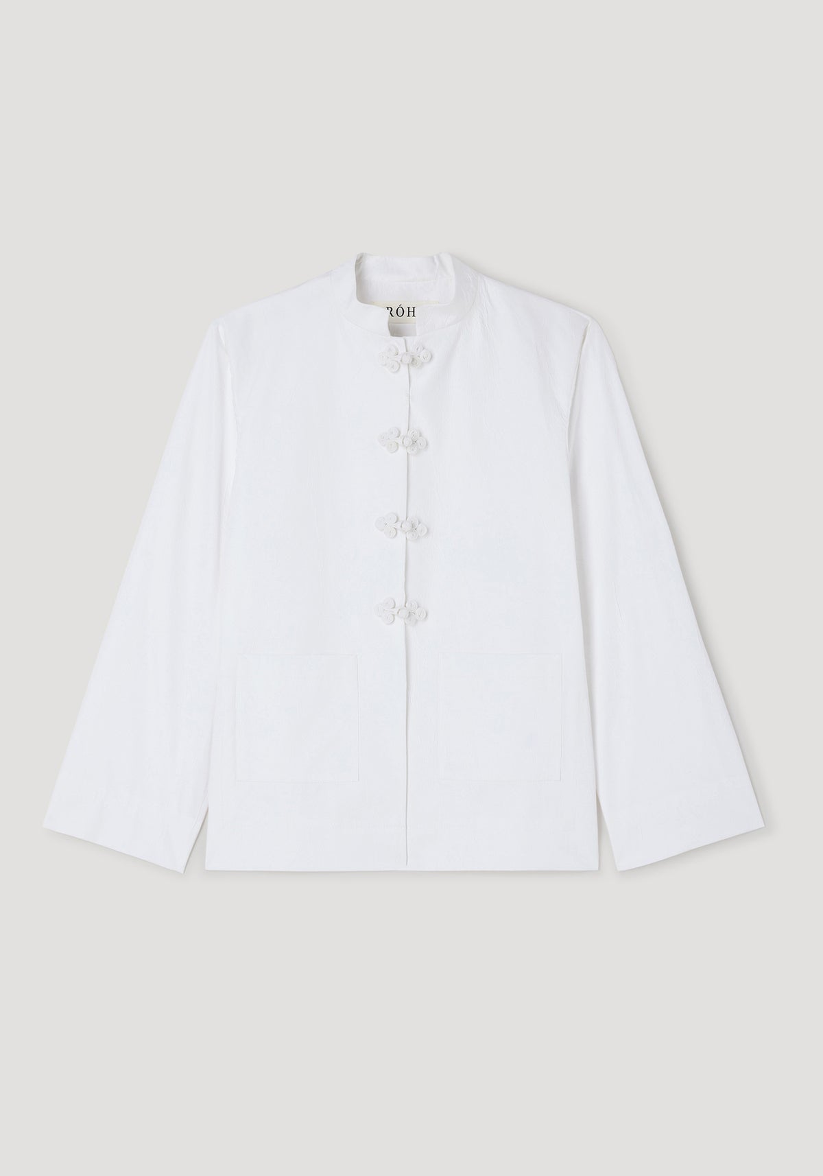Pankou closure crushed jacket | optic white displayed on a plain background, featuring a high collar and traditional knot button closures down the front.