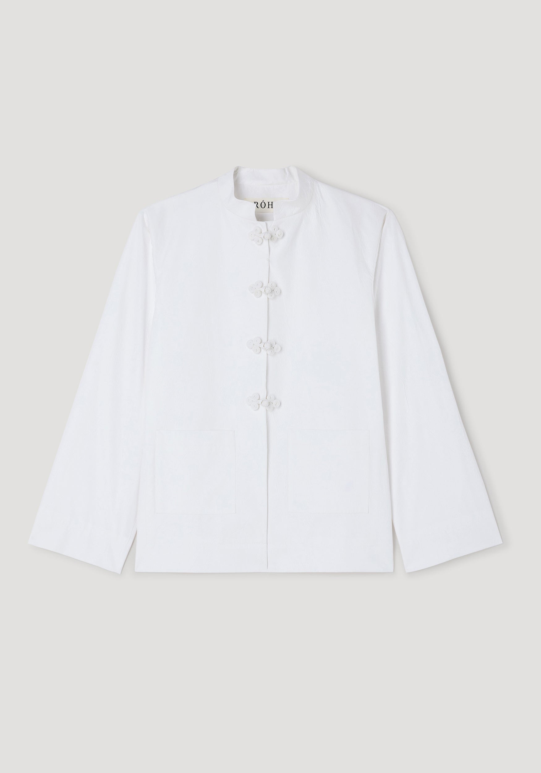 Pankou closure crushed jacket | optic white displayed on a plain background, featuring a high collar and traditional knot button closures down the front.