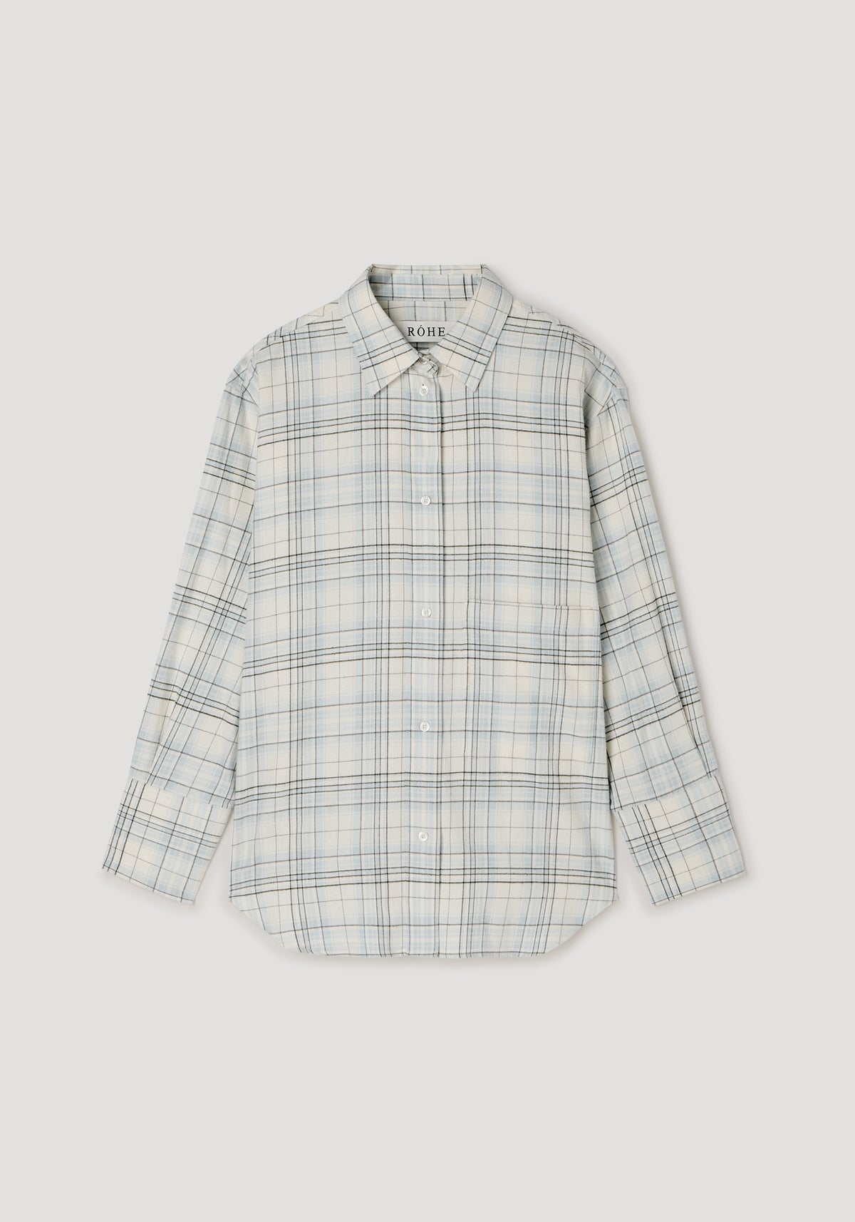 Flannel check overshirt | sea green check laid flat, featuring a button front, classic collar, long sleeves, and subtle checked pattern.