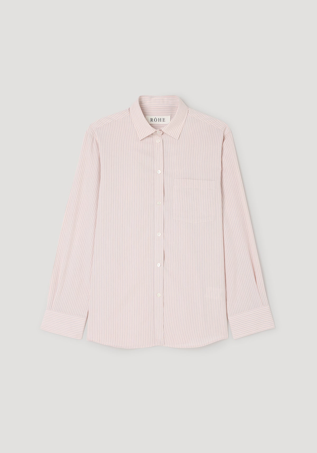 Classic fit striped shirt | rose stripe with long sleeves, button-down front, pointed collar, single chest pocket, and subtle rose-colored vertical stripes on a light background.