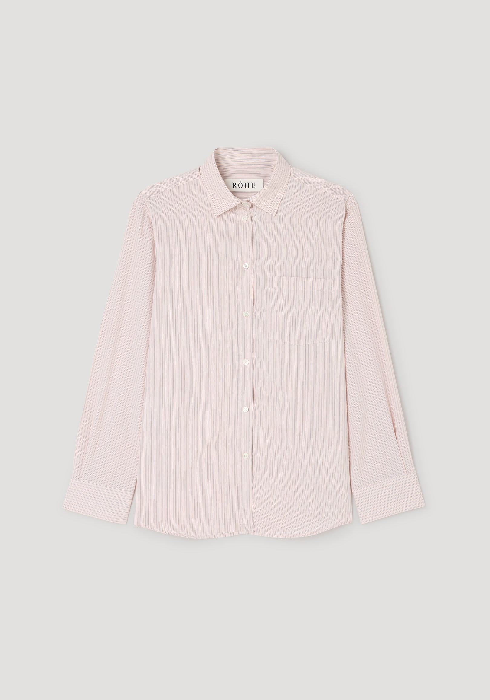 Classic fit striped shirt | rose stripe with long sleeves, button-down front, pointed collar, single chest pocket, and subtle rose-colored vertical stripes on a light background.