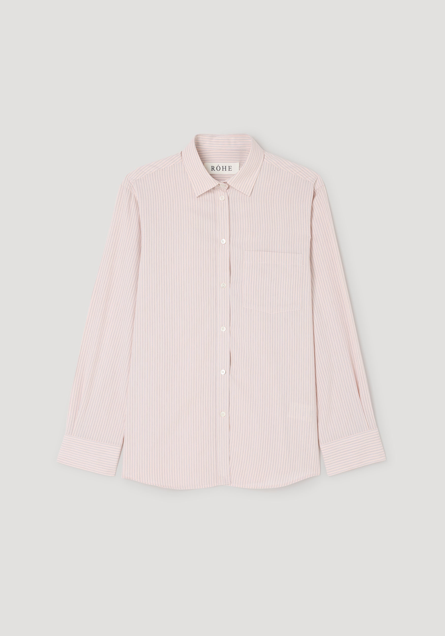 Classic fit striped shirt | rose stripe with long sleeves, button-down front, pointed collar, single chest pocket, and subtle rose-colored vertical stripes on a light background.