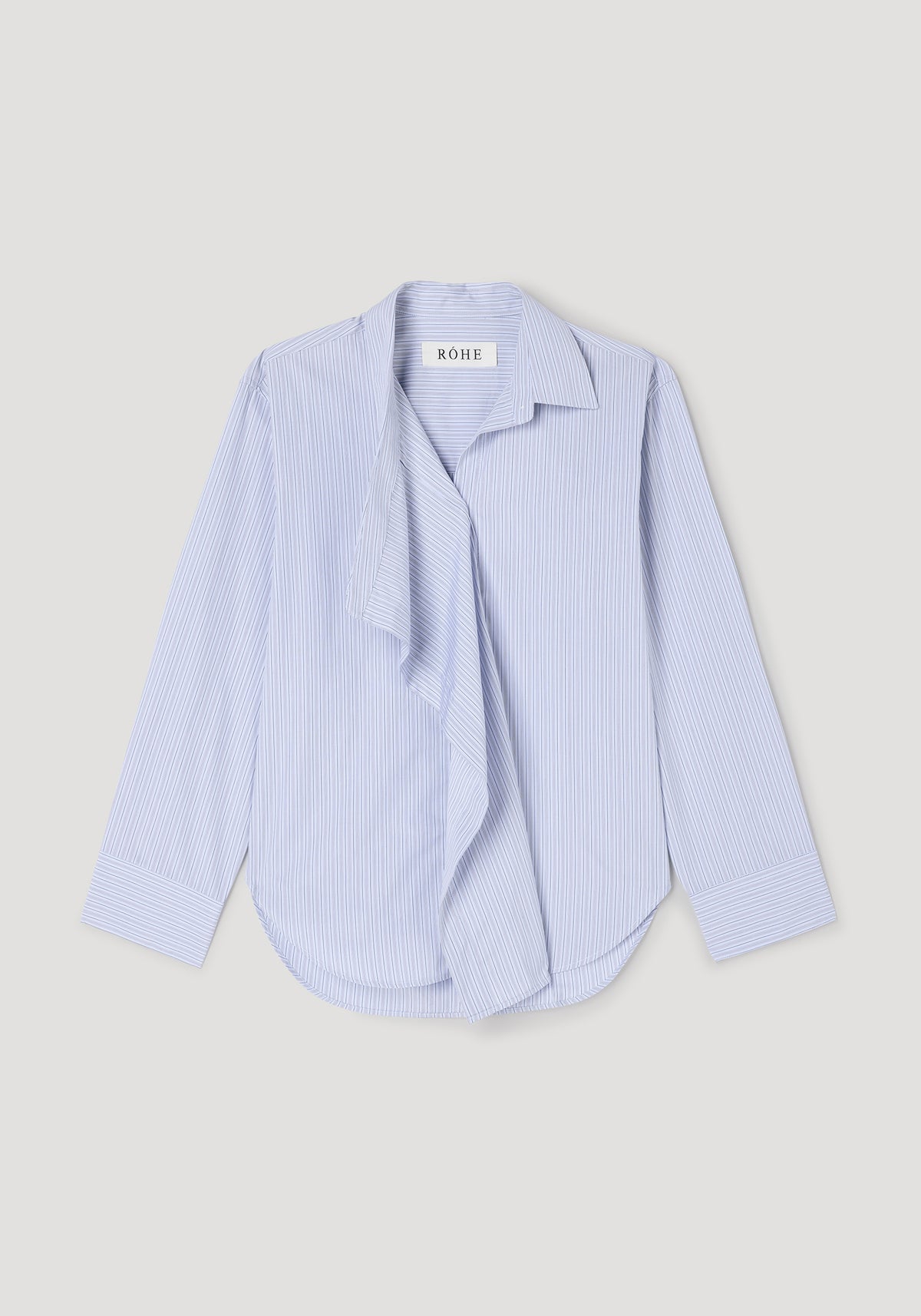 Draped collar shirt | blue stripe in light blue with thin vertical stripes, featuring a unique draped collar design and long sleeves with buttoned cuffs.