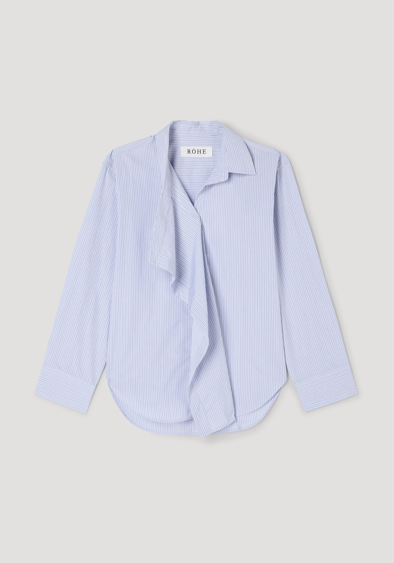 Draped collar shirt | blue stripe in light blue with thin vertical stripes, featuring a unique draped collar design and long sleeves with buttoned cuffs.