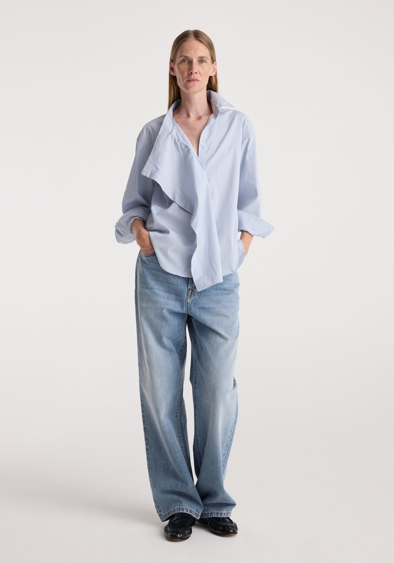 Draped collar shirt | blue stripe