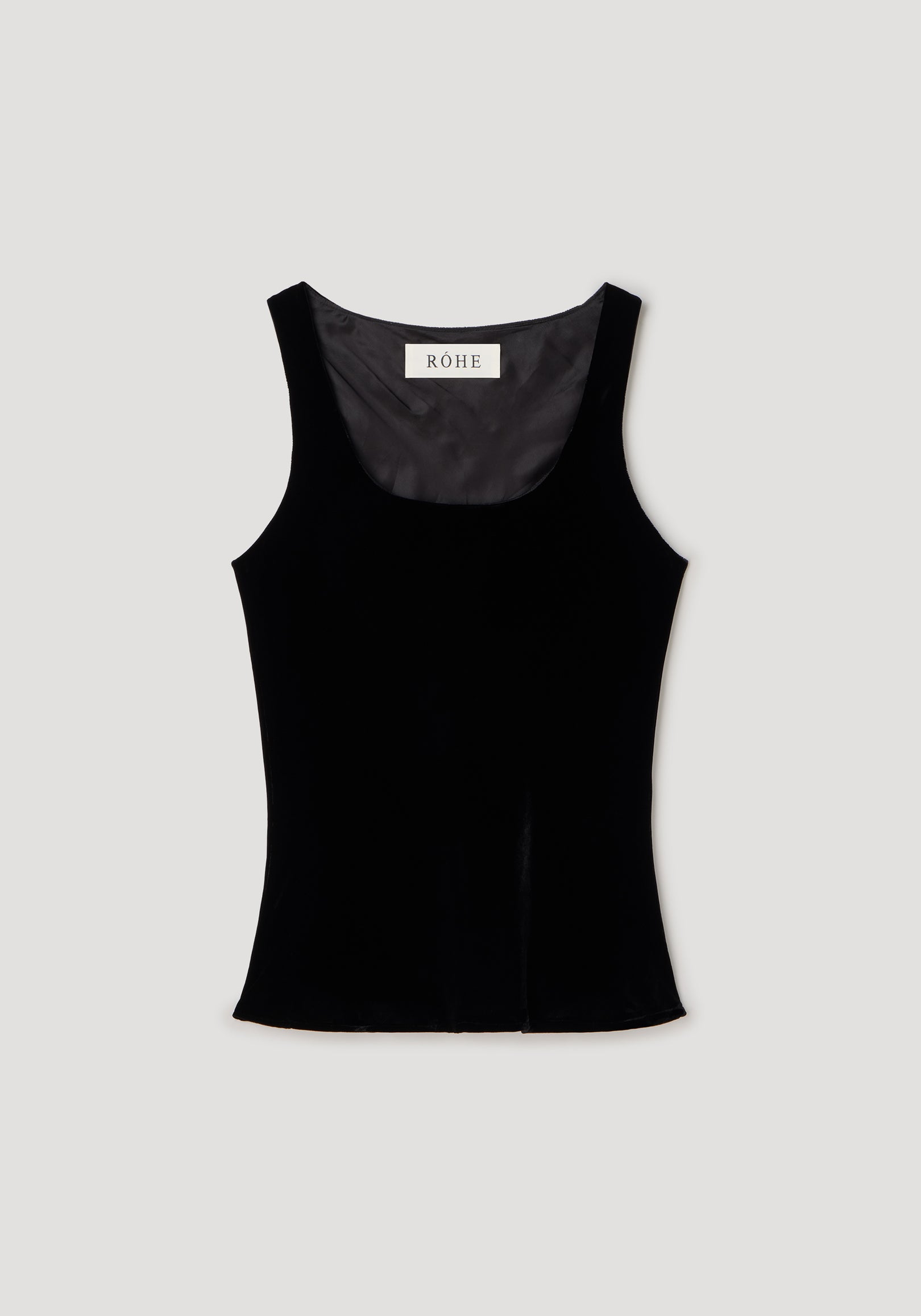 Scoop-neck silk velvet top | black, sleeveless fitted tank with smooth velvet texture and a scoop neckline, displayed on a plain light background.