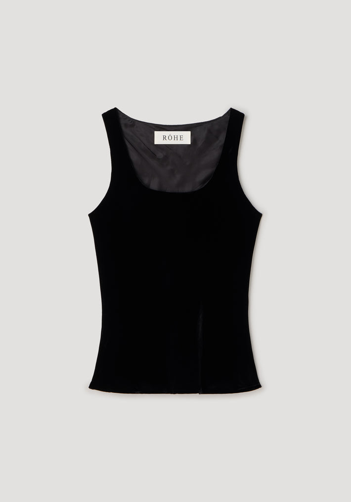 Scoop-neck silk velvet top | black, sleeveless fitted tank with smooth velvet texture and a scoop neckline, displayed on a plain light background.