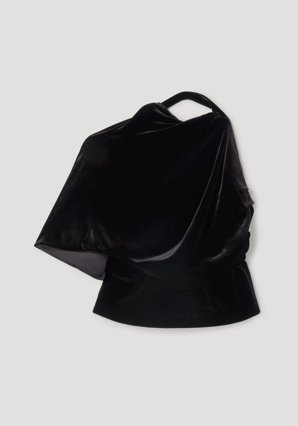 Draped open back silk velvet top | black, shown in a sculptural draped silhouette with a softly gathered neckline and flowing velvet fabric