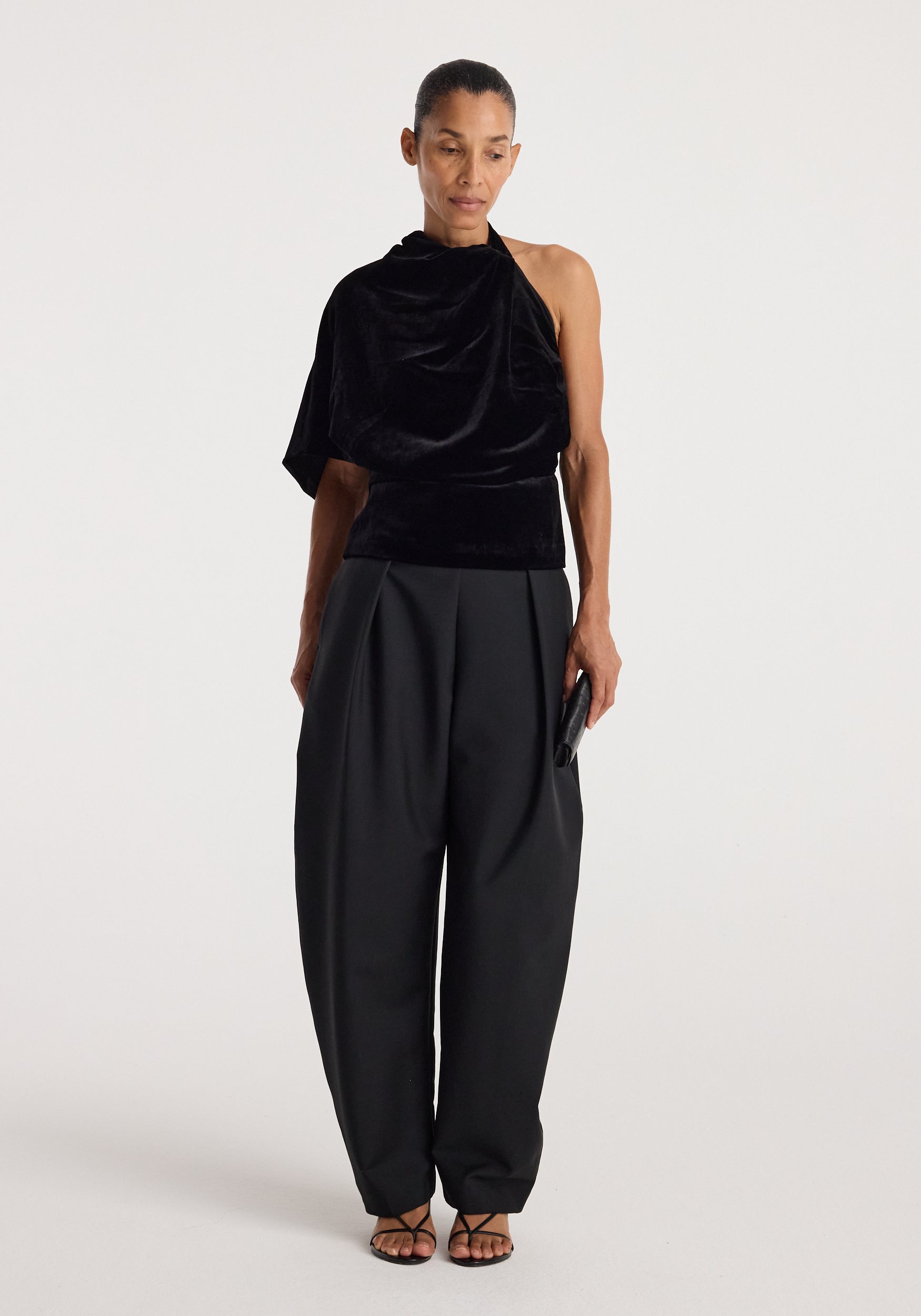 Draped open back silk velvet top | black