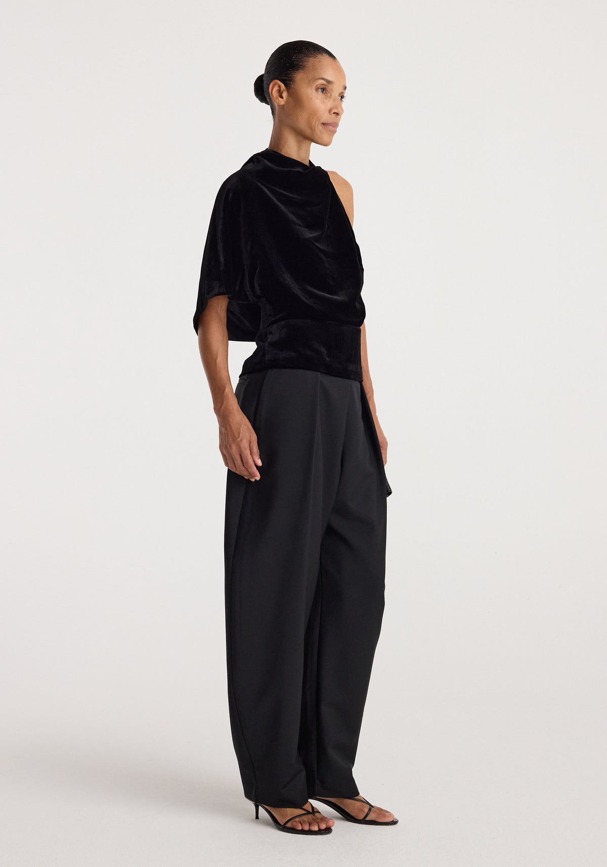 Draped open back silk velvet top | black