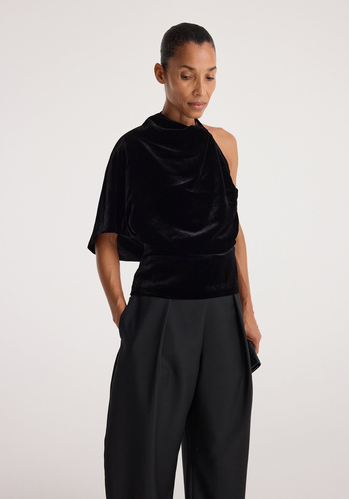 Draped open back silk velvet top | black