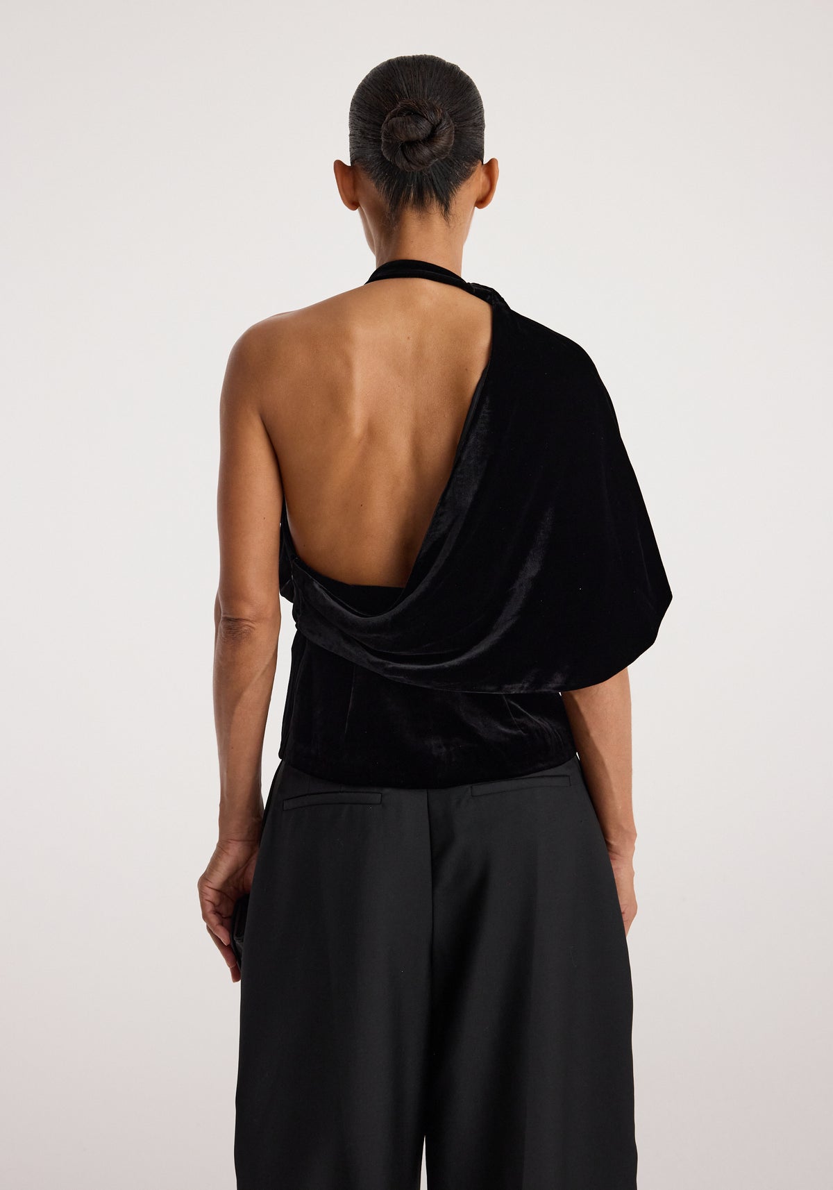 Draped open back silk velvet top | black