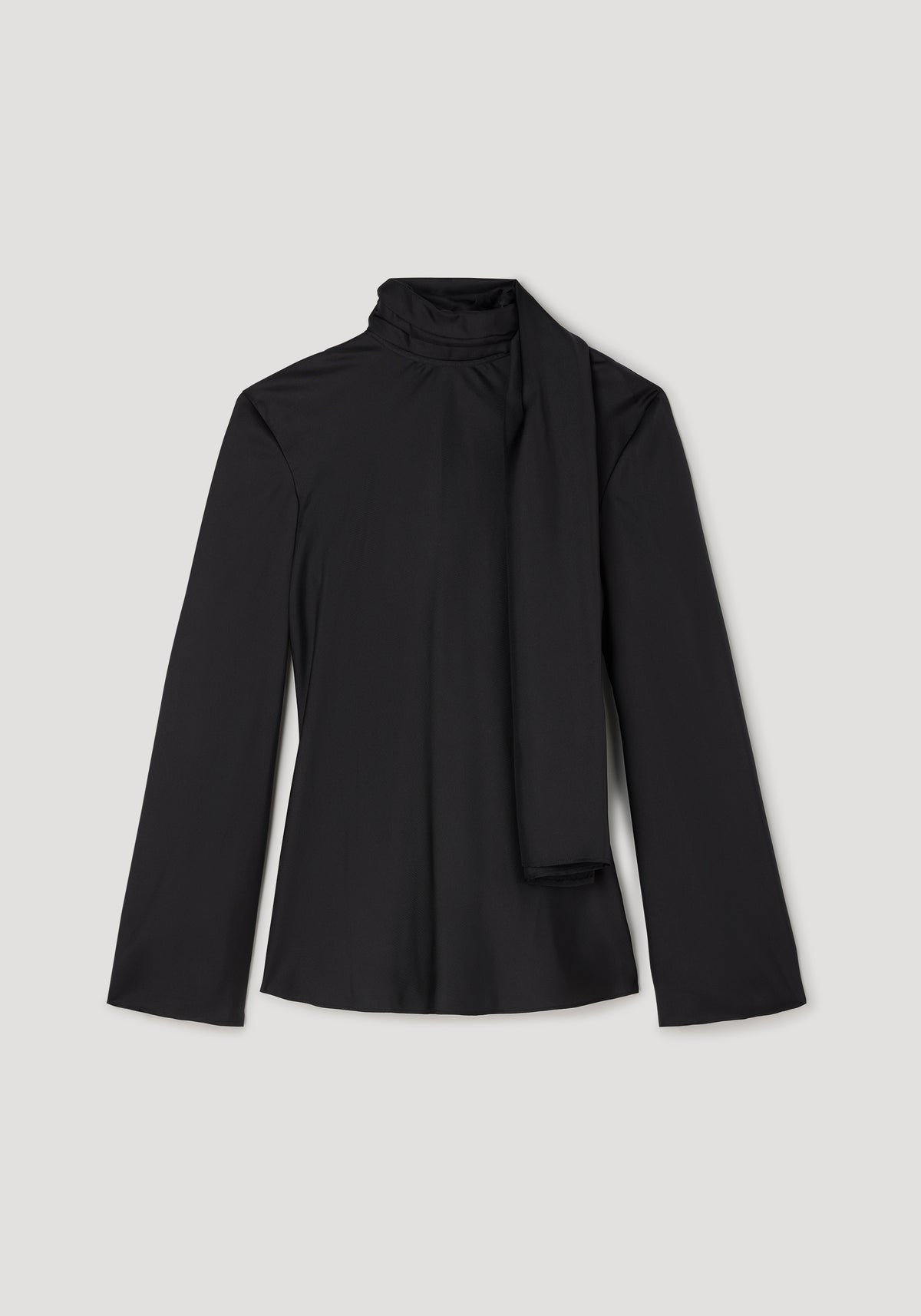 Silk foulard top | black with long sleeves and a high neck featuring an elegant attached scarf detail, displayed on a neutral background.