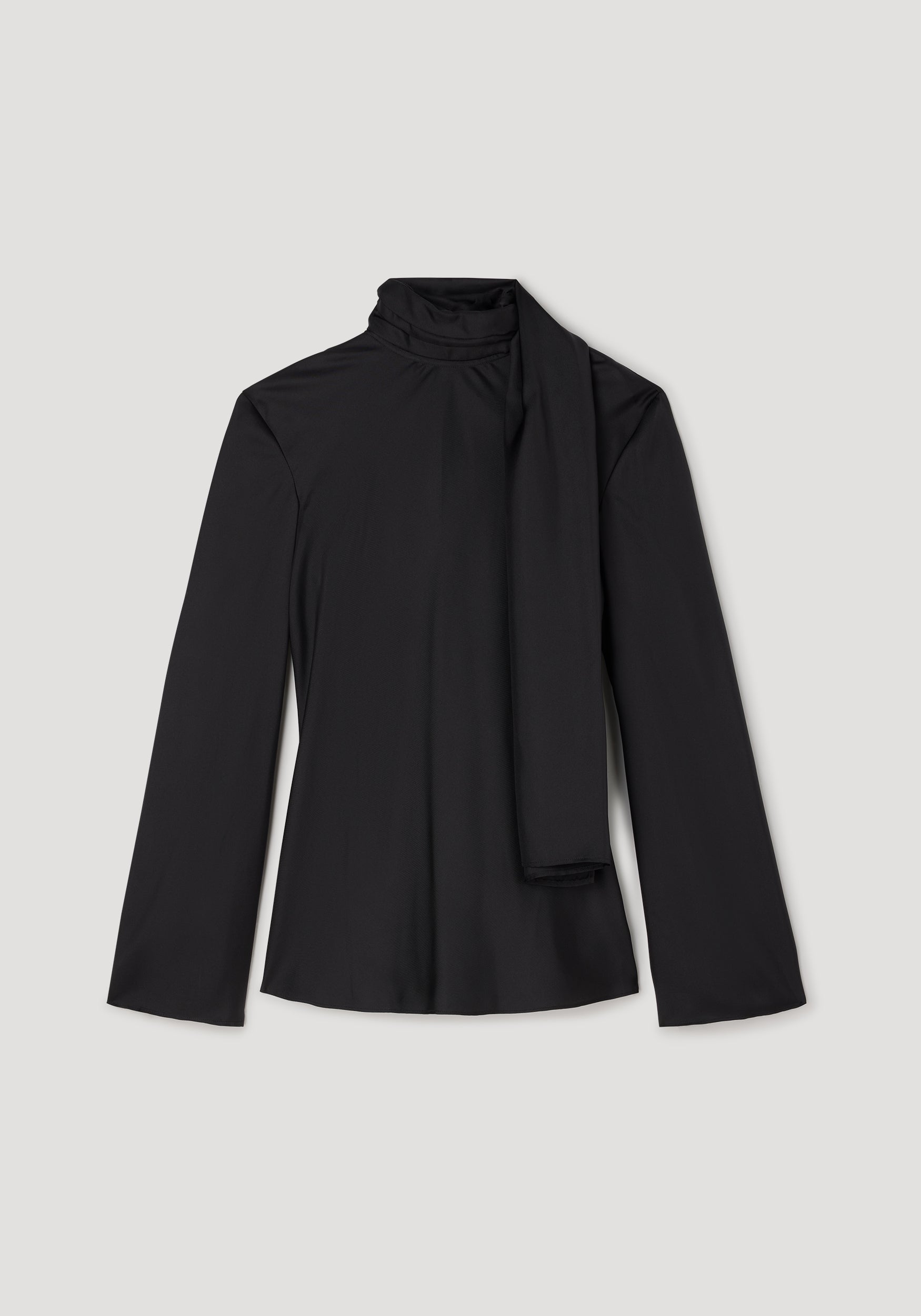 Silk foulard top | black with long sleeves and a high neck featuring an elegant attached scarf detail, displayed on a neutral background.