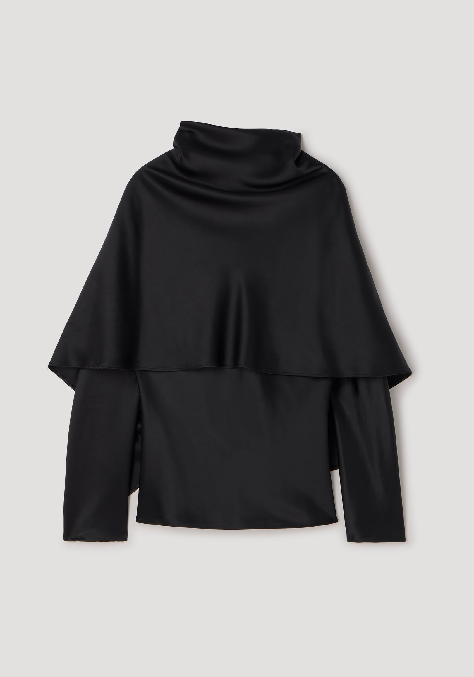 Satin cape top | black with a smooth, shiny finish featuring a high neckline and long sleeves, designed with an elegant cape overlay for a stylish and sophisticated look.