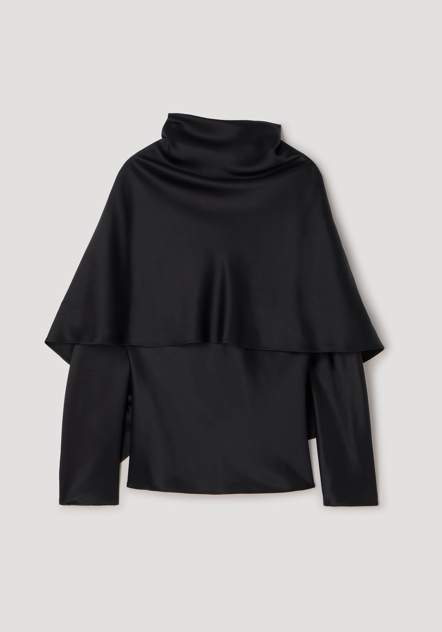 Satin cape top | black with a smooth, shiny finish featuring a high neckline and long sleeves, designed with an elegant cape overlay for a stylish and sophisticated look.