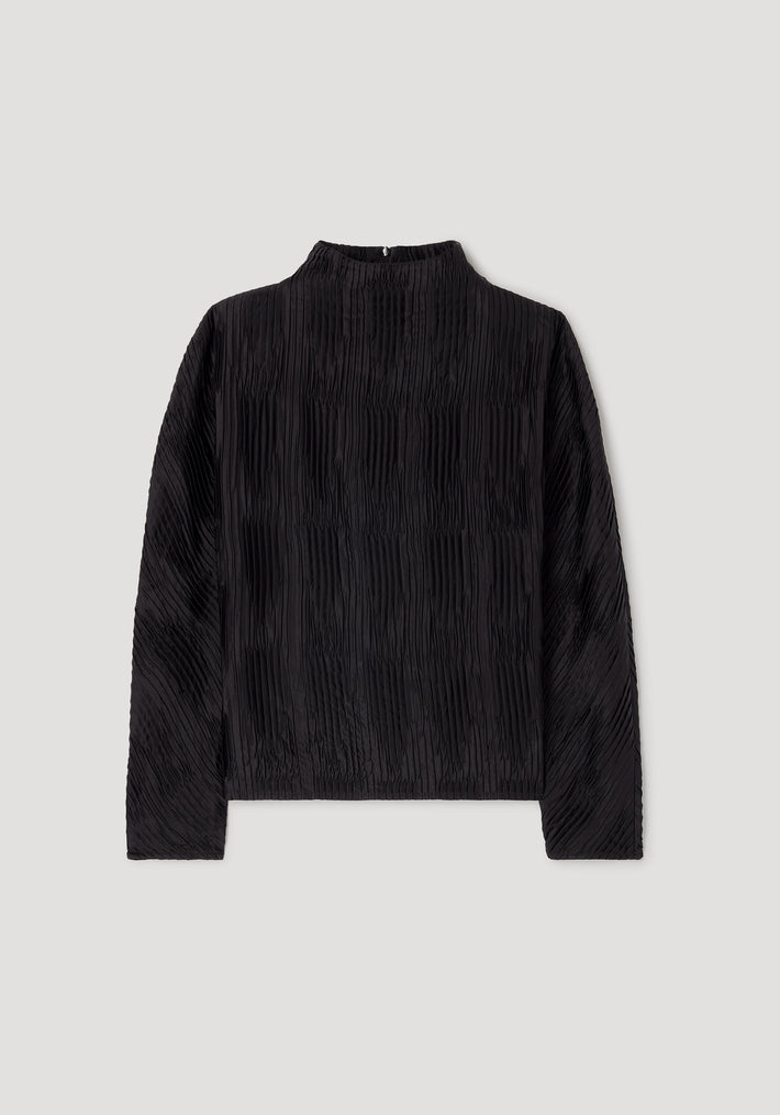 Plissé shaped top | black displayed flat, featuring a high neckline and long sleeves with a textured, pleated fabric design.