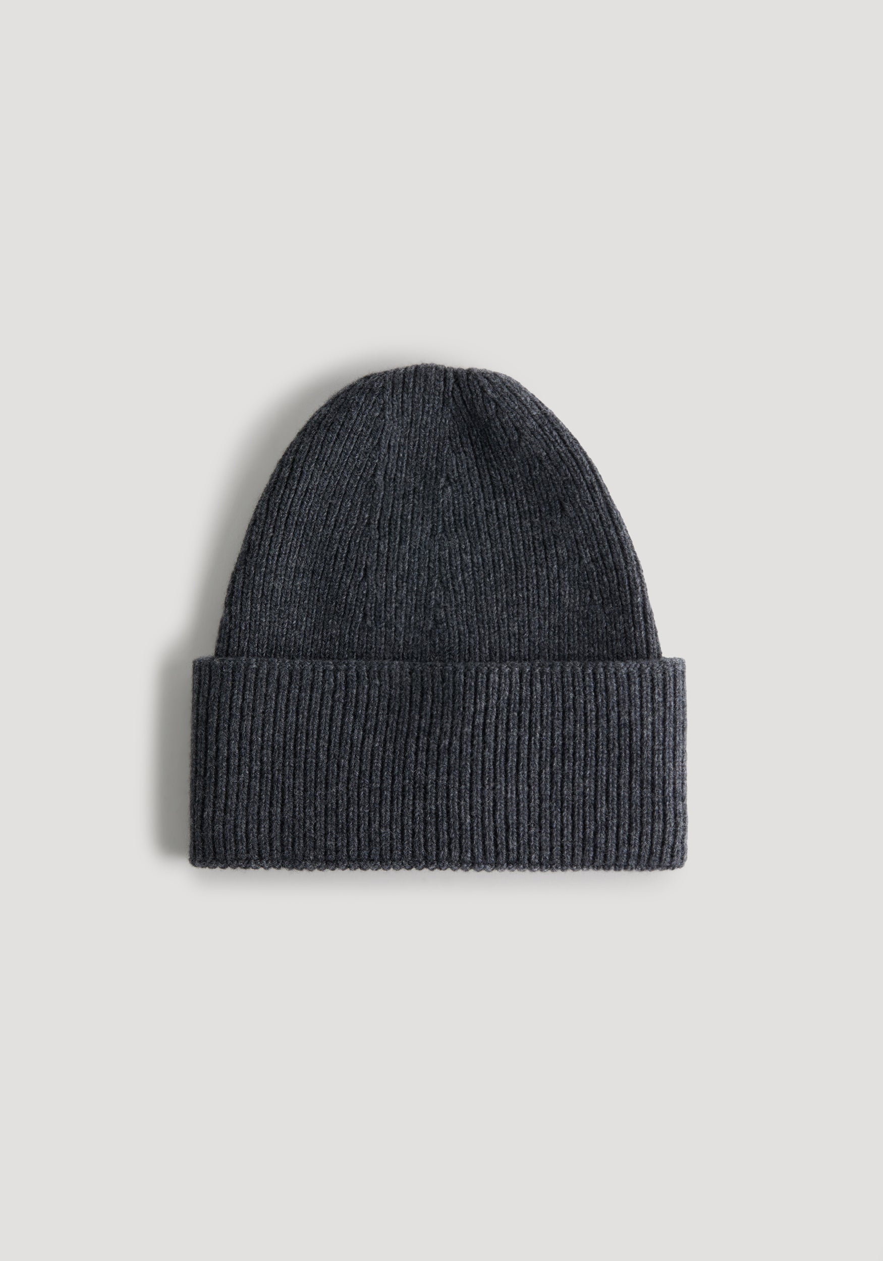Beanie | anthracite melange displayed on a plain light background, showing a ribbed knit texture and folded cuff in a dark gray shade.