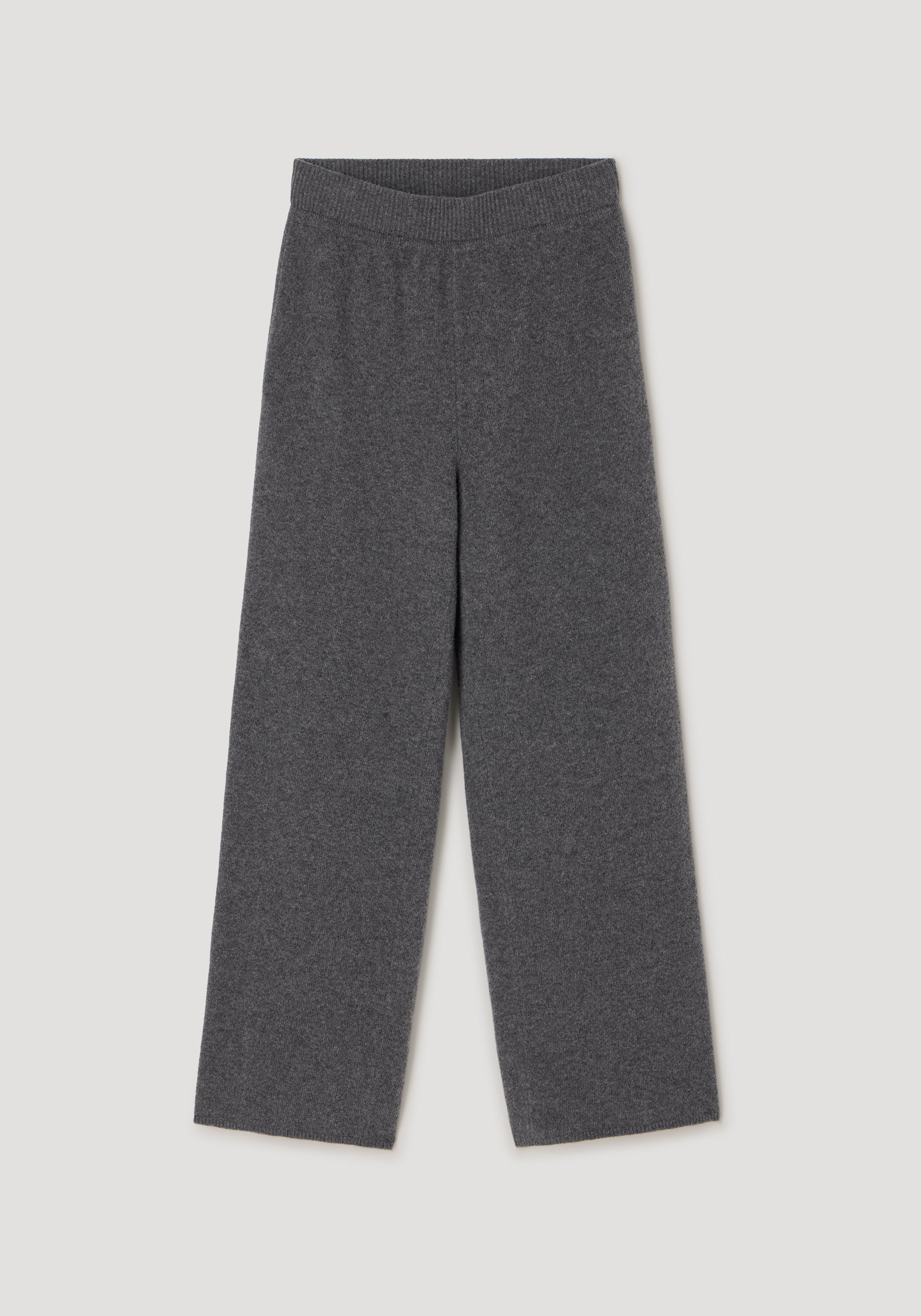 Compact knitted trousers | dark grey melange laid flat on a light background, featuring a wide-leg cut and elastic waistband for comfortable wear.