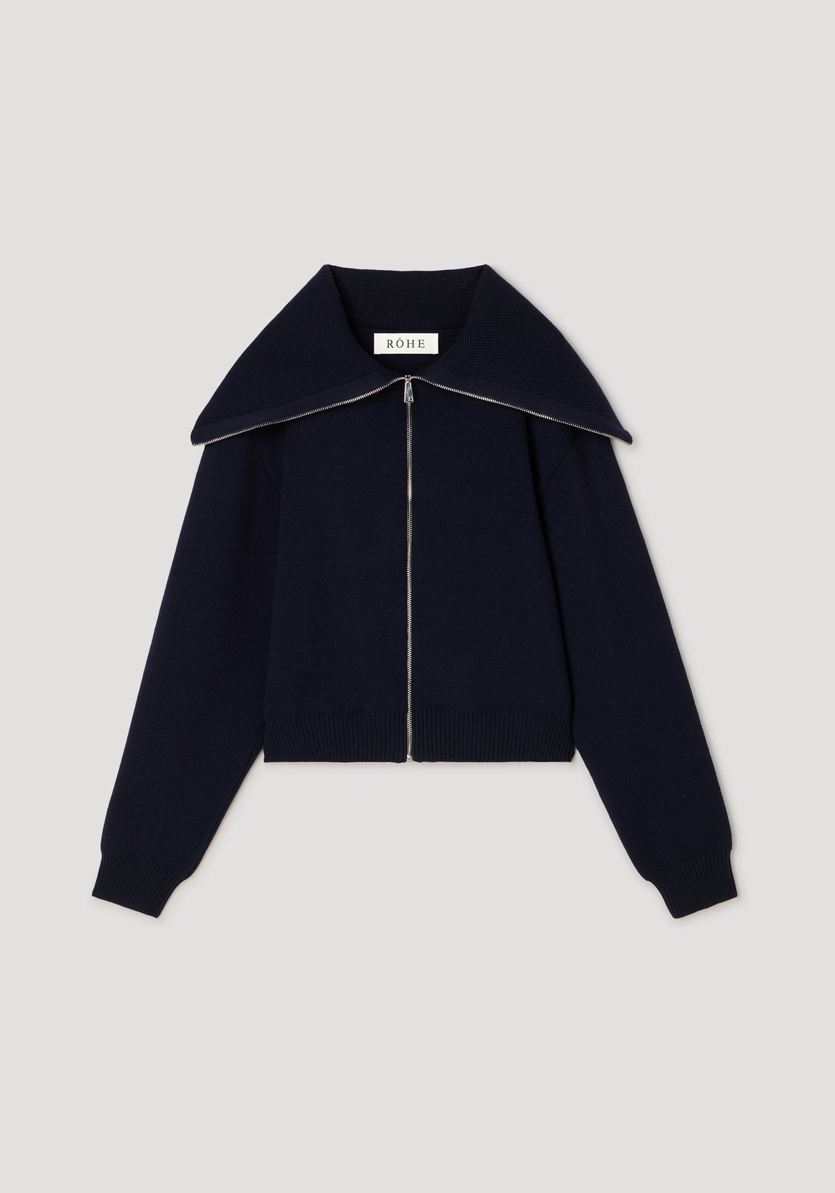 Two way sailor zip cardigan | navy featuring a large sailor collar, full front zipper, long sleeves, and ribbed cuffs and hem for a classic nautical style.