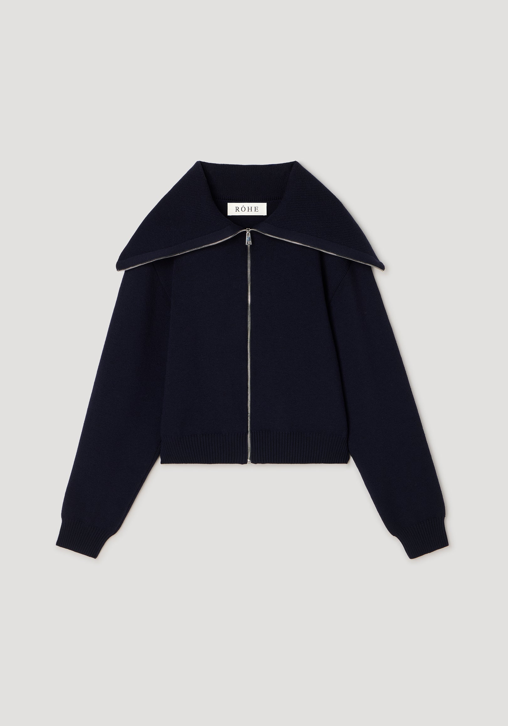 Two way sailor zip cardigan | navy featuring a large sailor collar, full front zipper, long sleeves, and ribbed cuffs and hem for a classic nautical style.