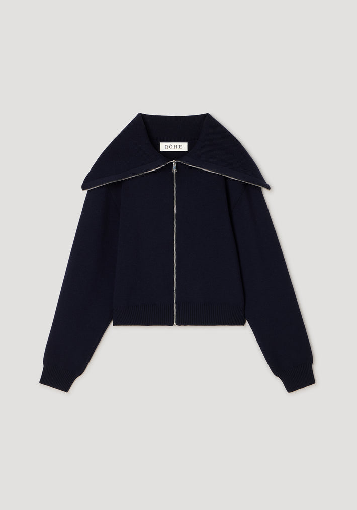 Two way sailor zip cardigan | navy featuring a large sailor collar, full front zipper, long sleeves, and ribbed cuffs and hem for a classic nautical style.