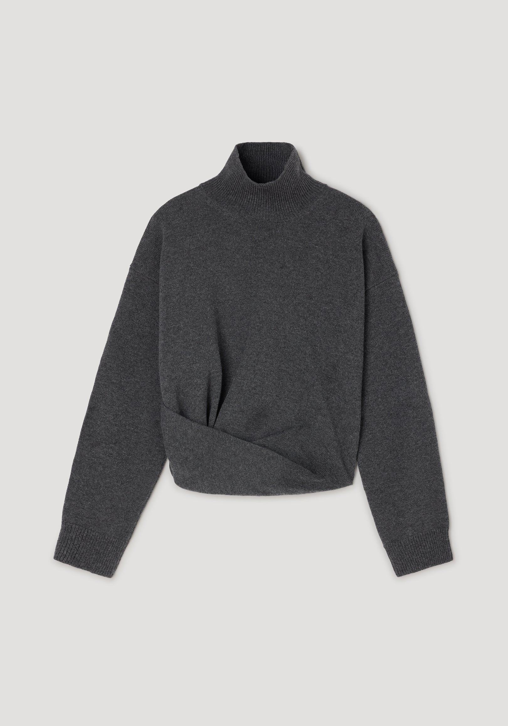Sculptural turtleneck | dark grey melange sweater with long sleeves and a fitted, twisted hem design displayed on a neutral background.