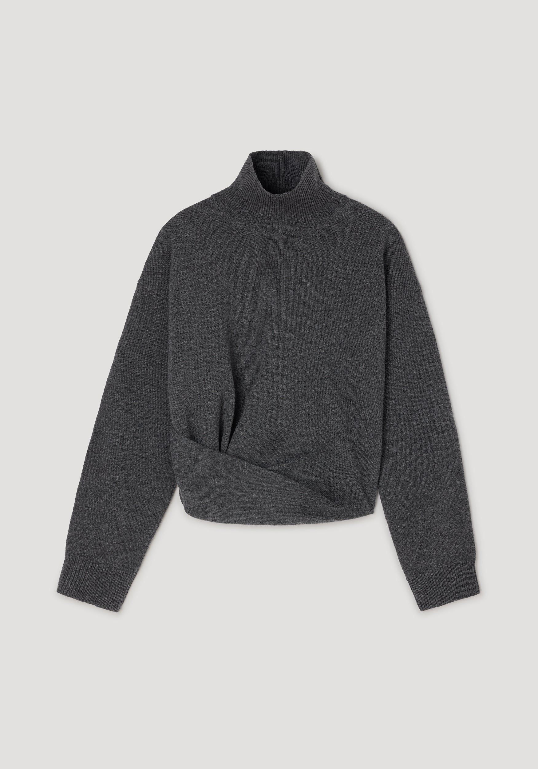 Sculptural turtleneck | dark grey melange sweater with long sleeves and a fitted, twisted hem design displayed on a neutral background.