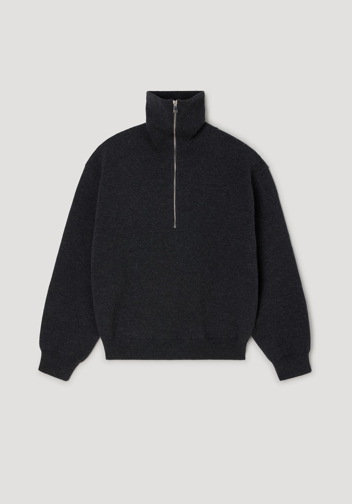 Two-way zipped turtleneck | charcoal in dark grey with a high collar and central zipper, featuring long sleeves and ribbed cuffs and hem for a comfortable fit.
