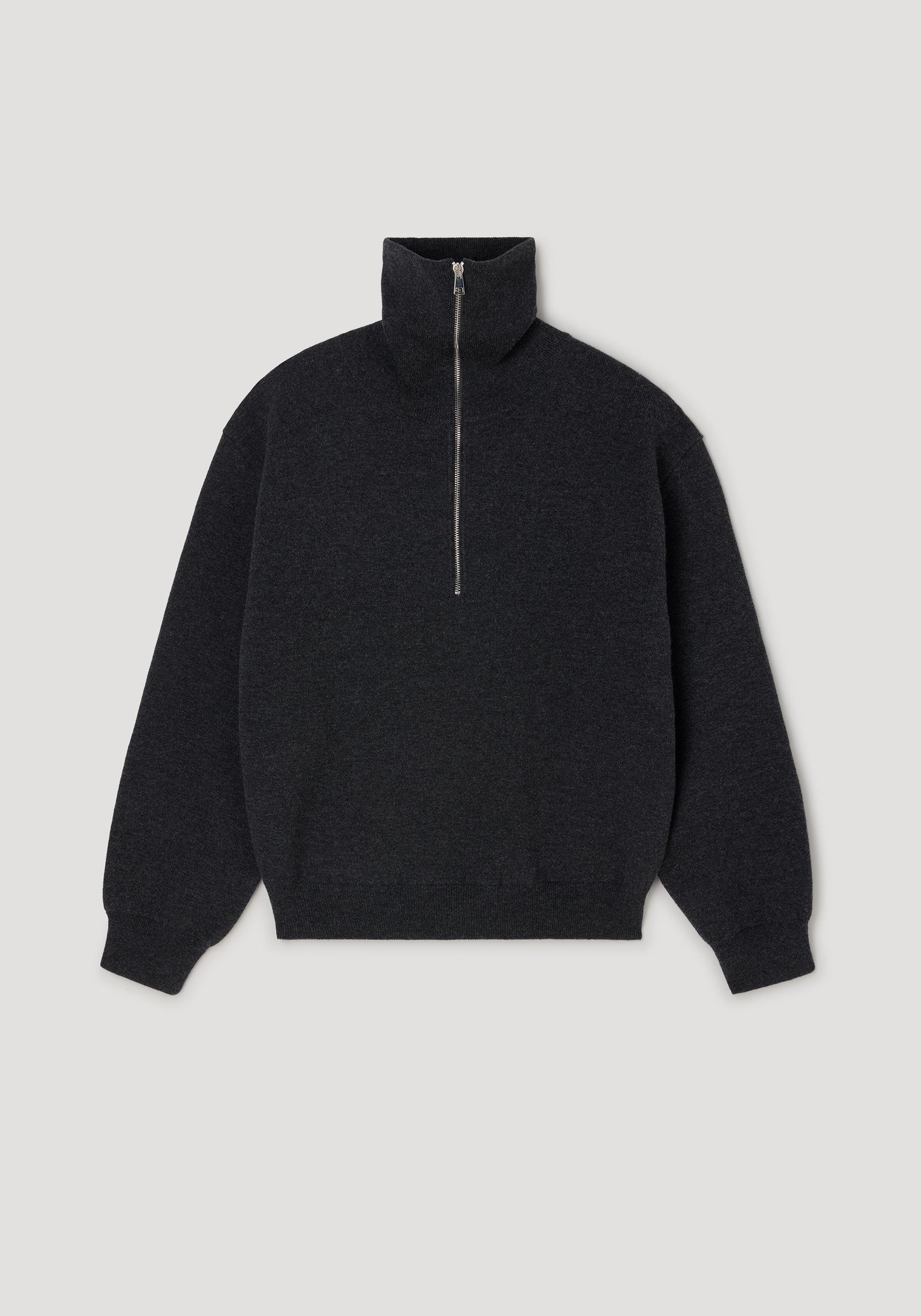 Two-way zipped turtleneck | charcoal in dark grey with a high collar and central zipper, featuring long sleeves and ribbed cuffs and hem for a comfortable fit.