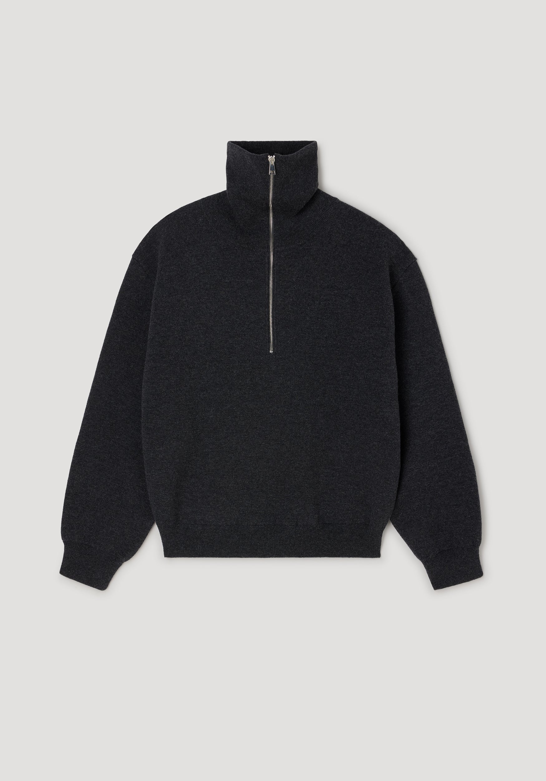 Two-way zipped turtleneck | charcoal in dark grey with a high collar and central zipper, featuring long sleeves and ribbed cuffs and hem for a comfortable fit.