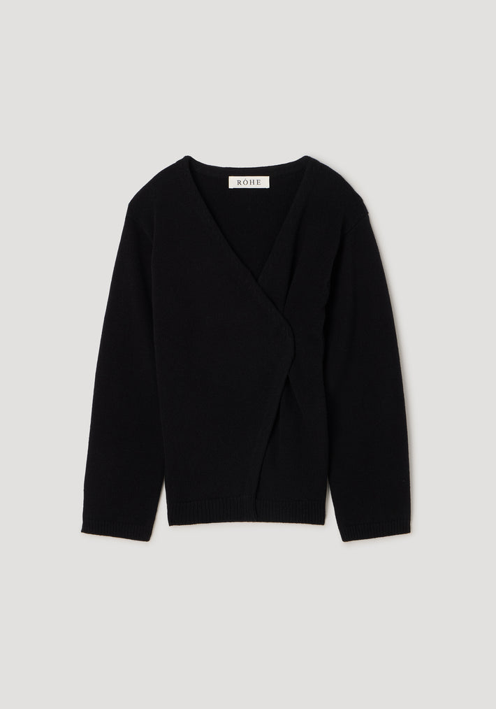 Black knitted off-shoulder wrap cardigan with long sleeves and a V-neckline, designed for a stylish and comfortable fit, labeled as Off-shoulder wrap cardigan | black.