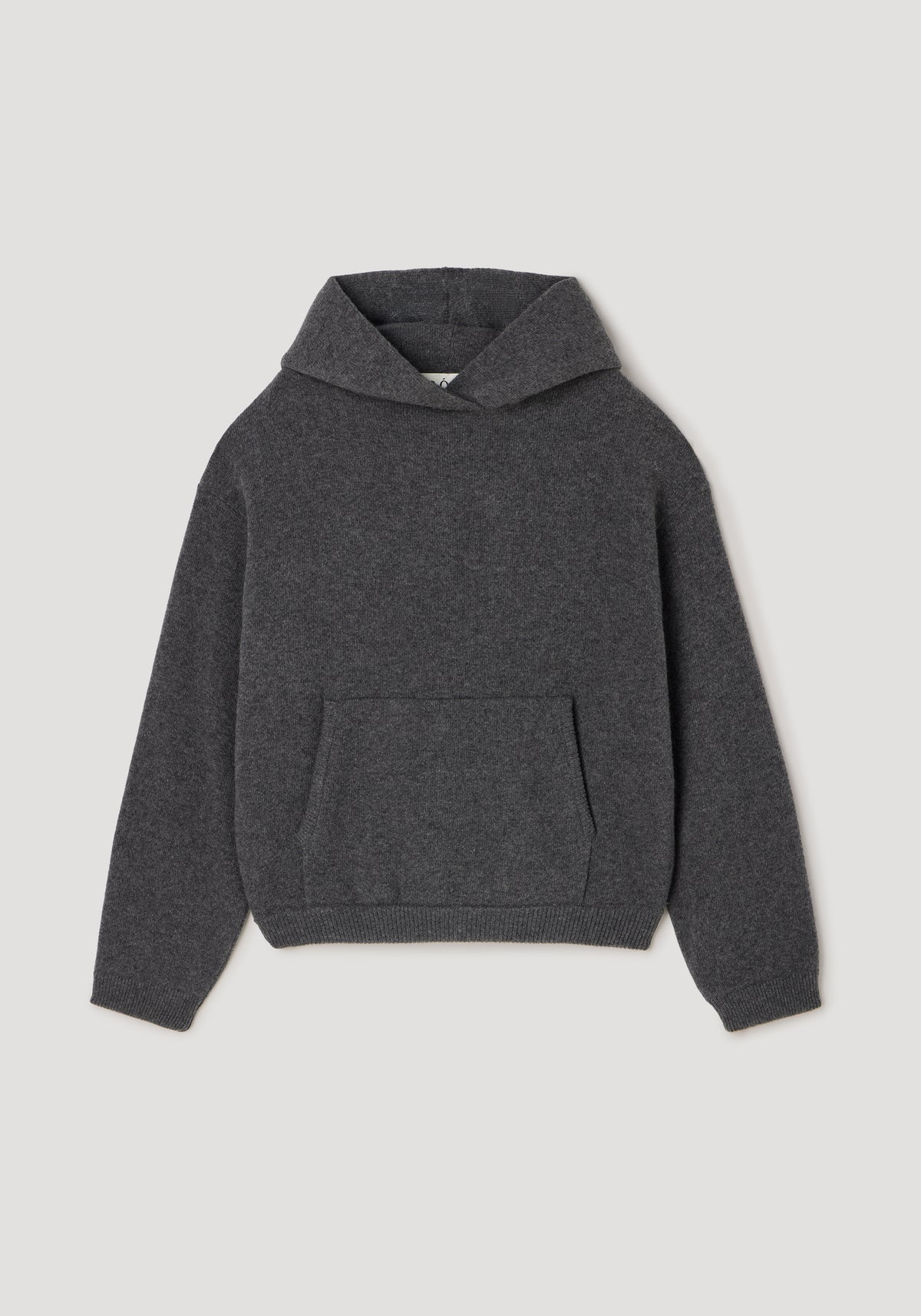 Hooded kangeroo jumper | dark grey melange in a soft knit fabric with a front kangaroo pocket and ribbed cuffs and hem, designed for casual comfort and warmth.