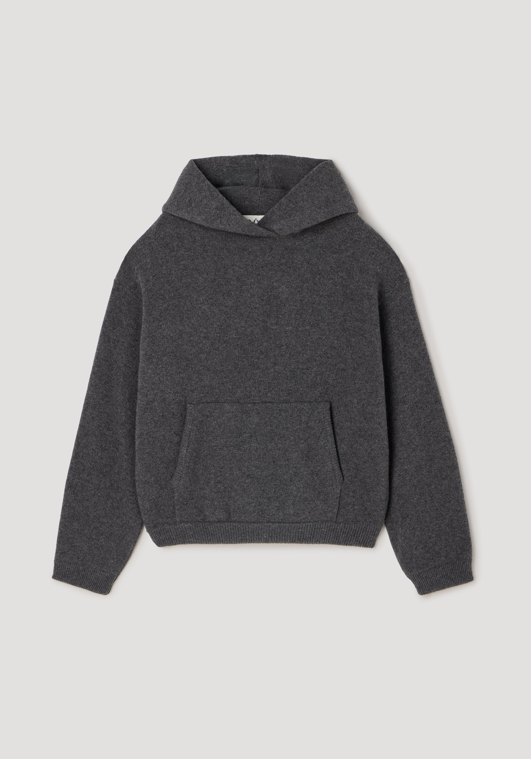 Hooded kangeroo jumper | dark grey melange in a soft knit fabric with a front kangaroo pocket and ribbed cuffs and hem, designed for casual comfort and warmth.