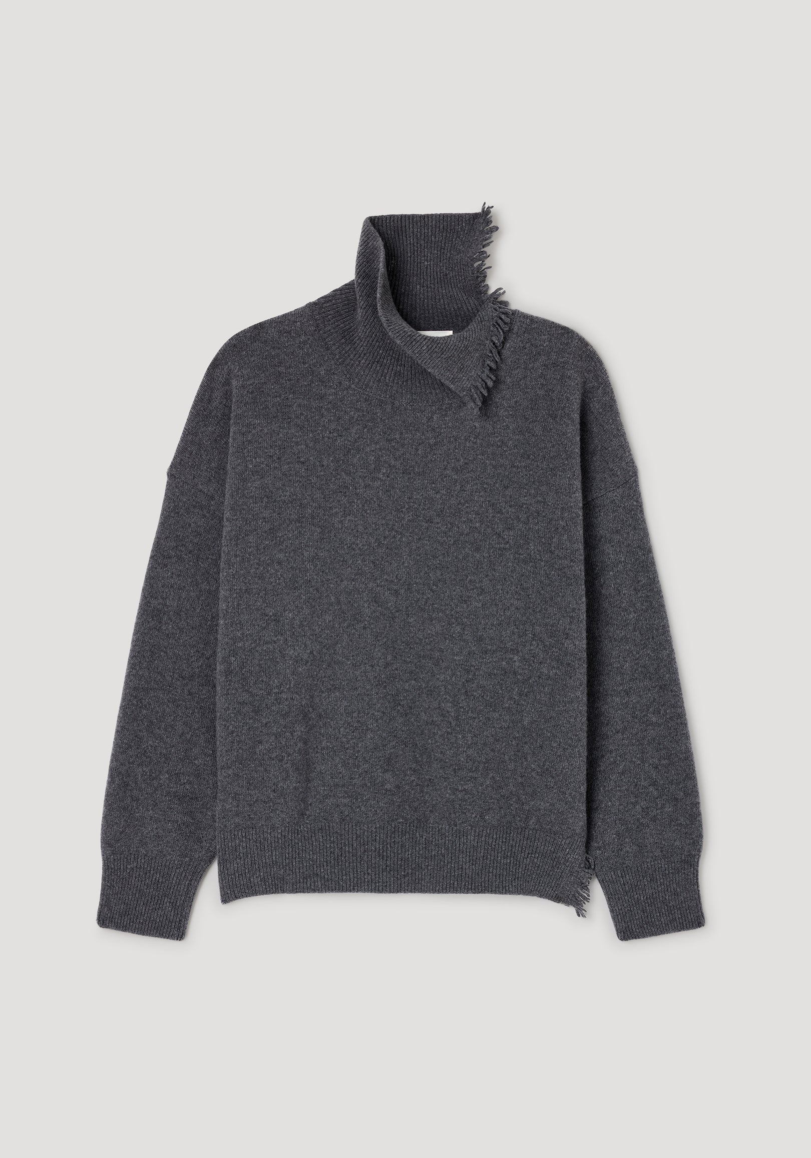 Dark grey melange turtleneck with raw details, featuring a high collar with frayed edges and long sleeves in a soft knit fabric.