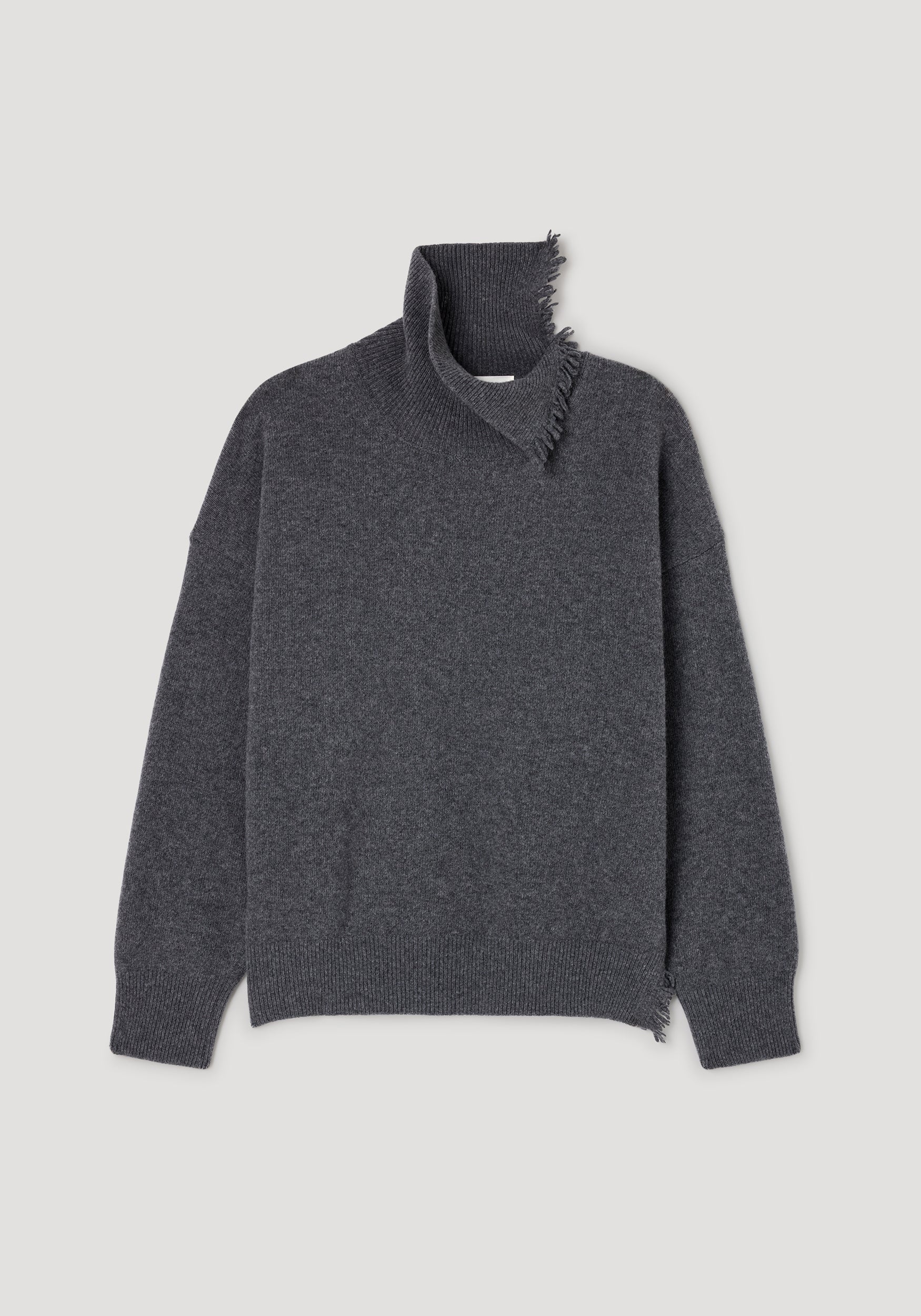 Dark grey melange turtleneck with raw details, featuring a high collar with frayed edges and long sleeves in a soft knit fabric.