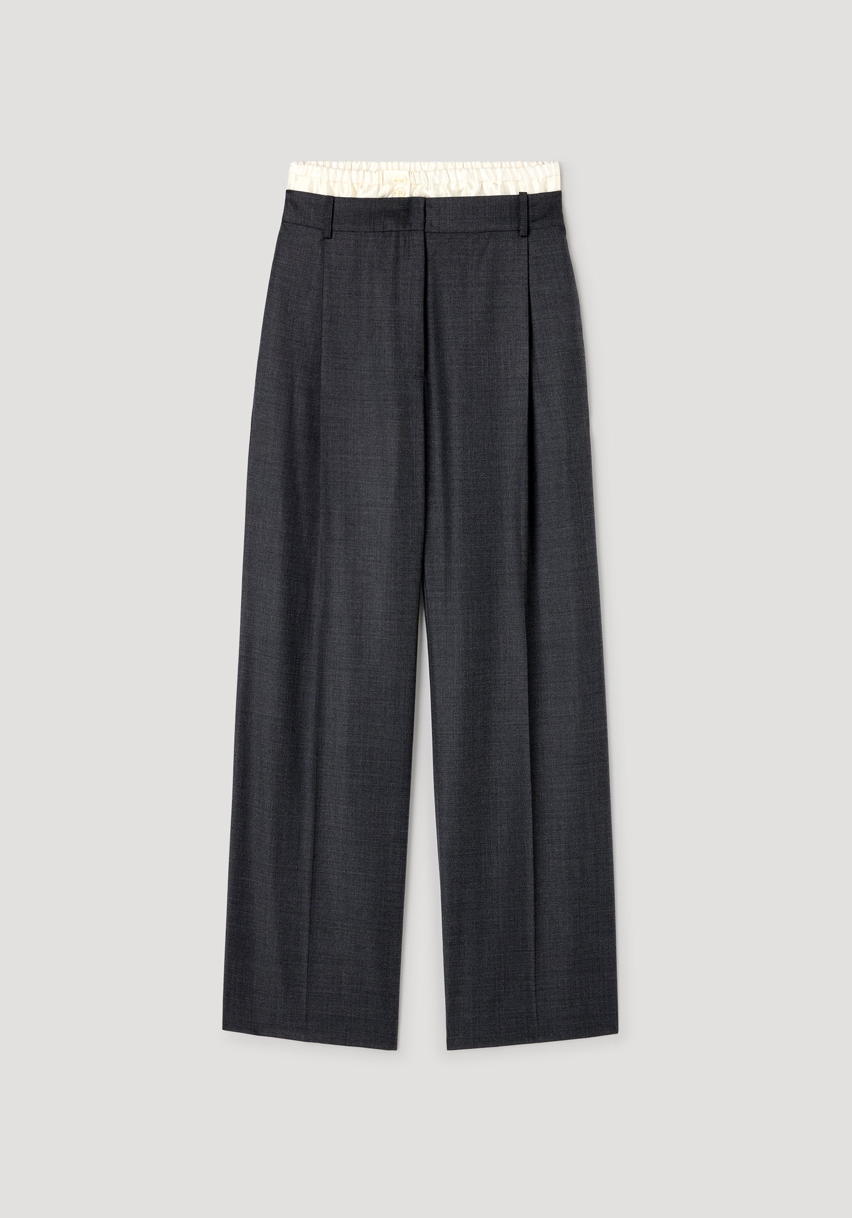 Boxer detailed trousers | dark grey melange with tailored pleats, a wide-leg cut, and a contrasting elastic waistband in off-white for a modern, comfortable fit.